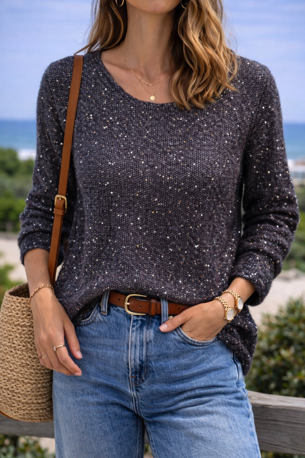 Pull gris à sequins en mohair et laine T.38
