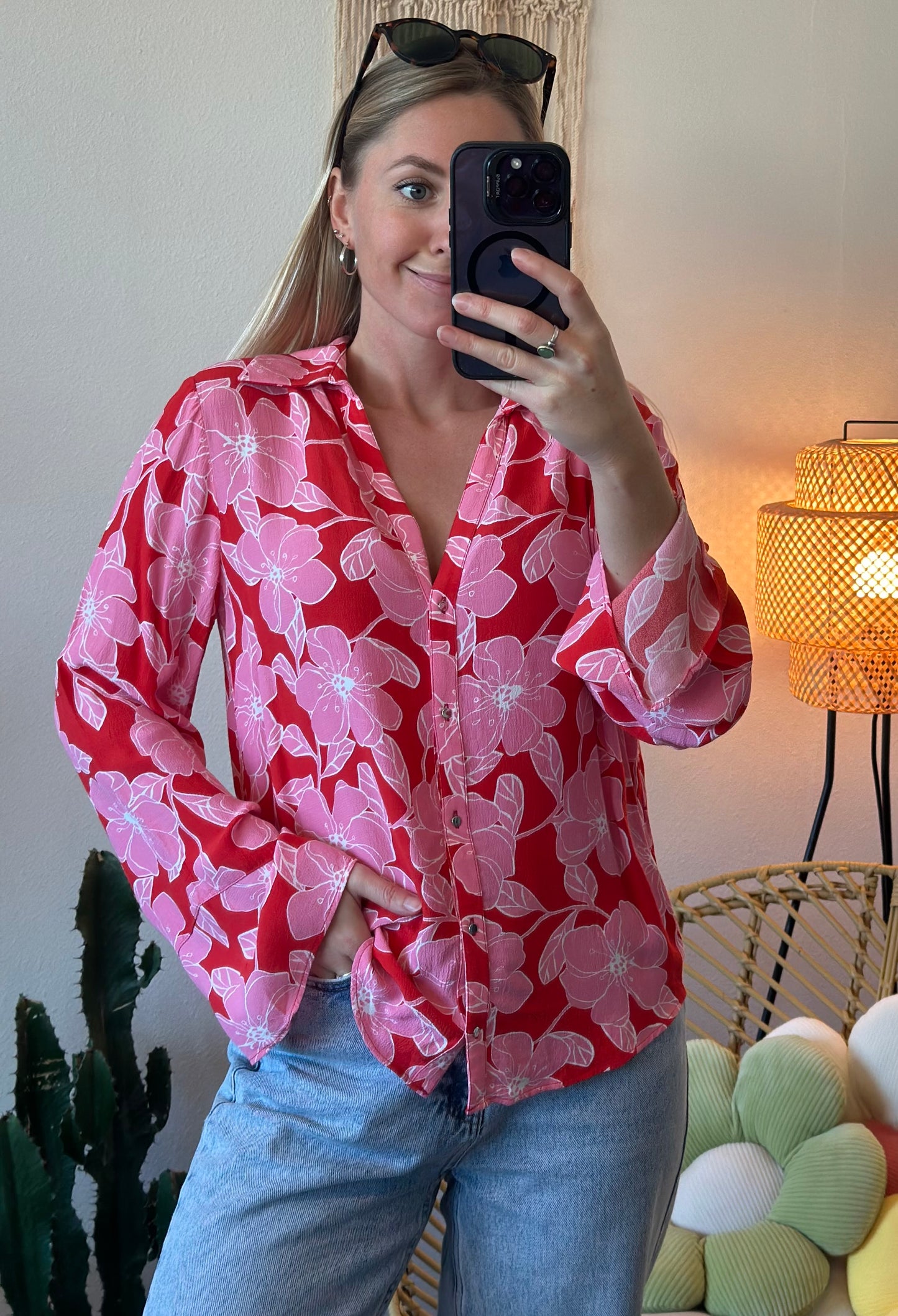 Chemise fluide à imprimé fleuri rose et rouge, coupe oversize, T.34