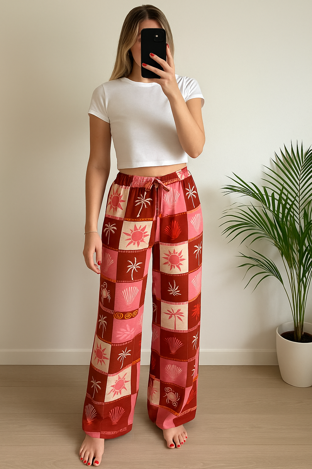 Pantalon d’été jambes larges, imprimé palmiers rose neuf T.U