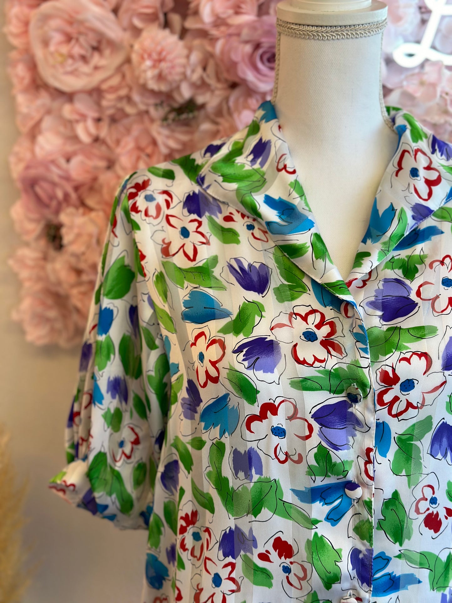 Blouse vintage blanche à imprimé floral coloré T.U