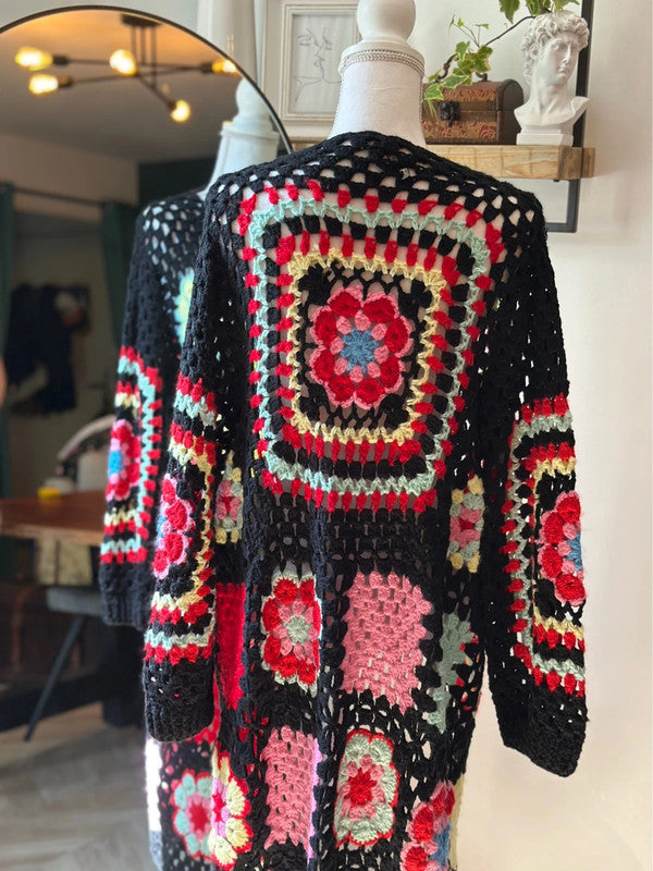 Gilet long crochet fleuri – patchwork, T.U