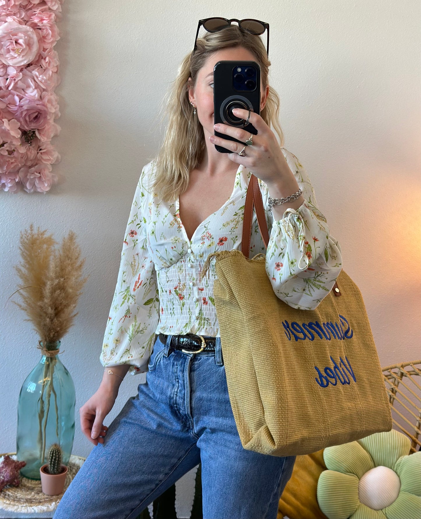 Sac cabas en osier porté épaule, imprimé Summer Vibes