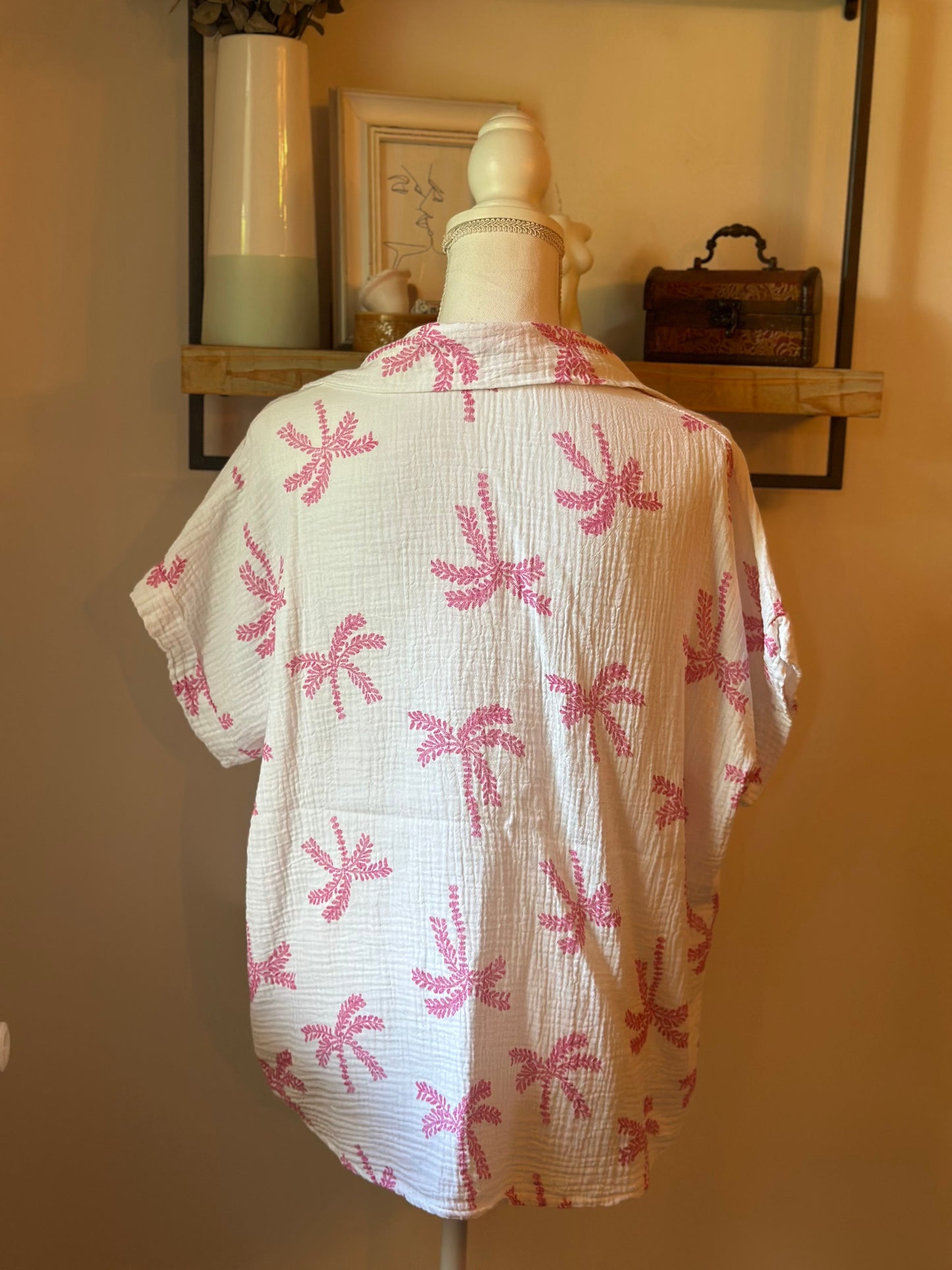 Ensemble d’été en gaze de coton blanc brodé de palmiers roses T.U