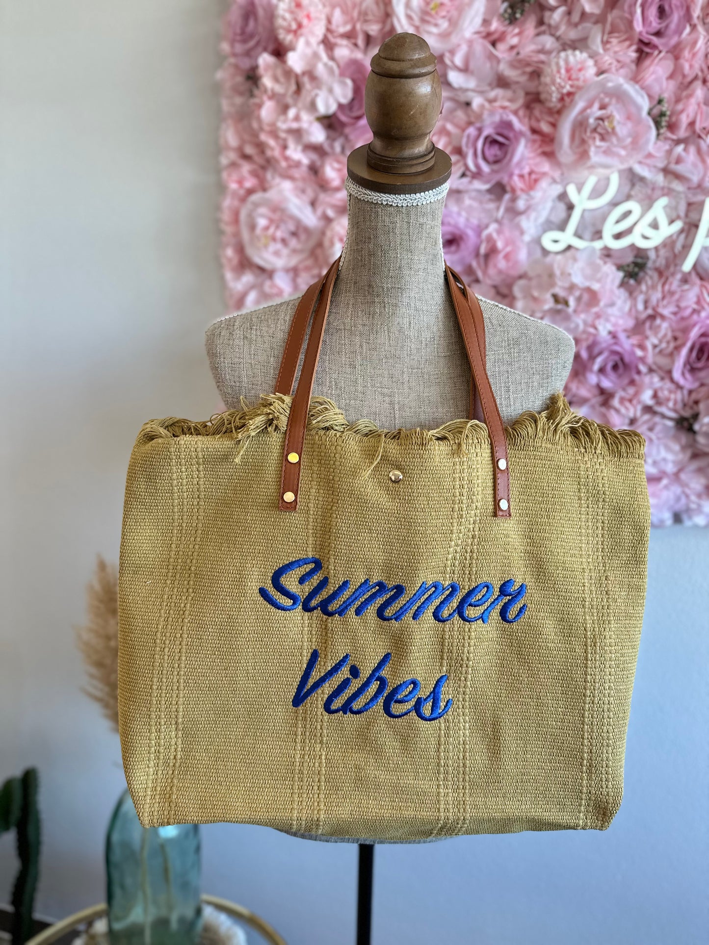 Sac cabas en osier porté épaule, imprimé Summer Vibes