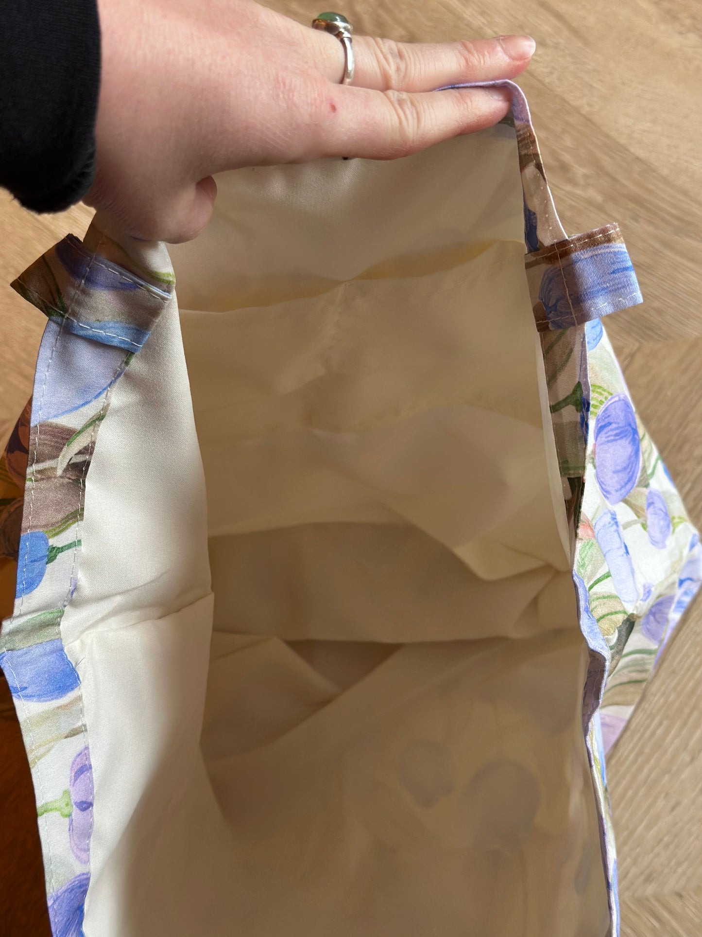 Sac tote bag en tissu imprimé de tulipes lila bleu neuf