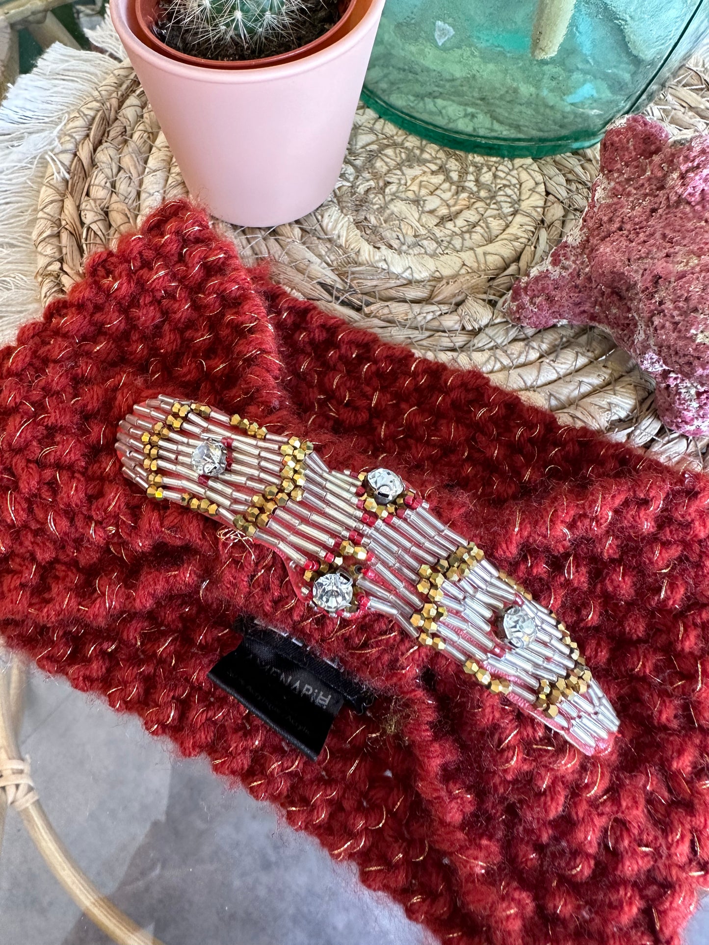 Bandeau bordeaux en maille détails perles T.U