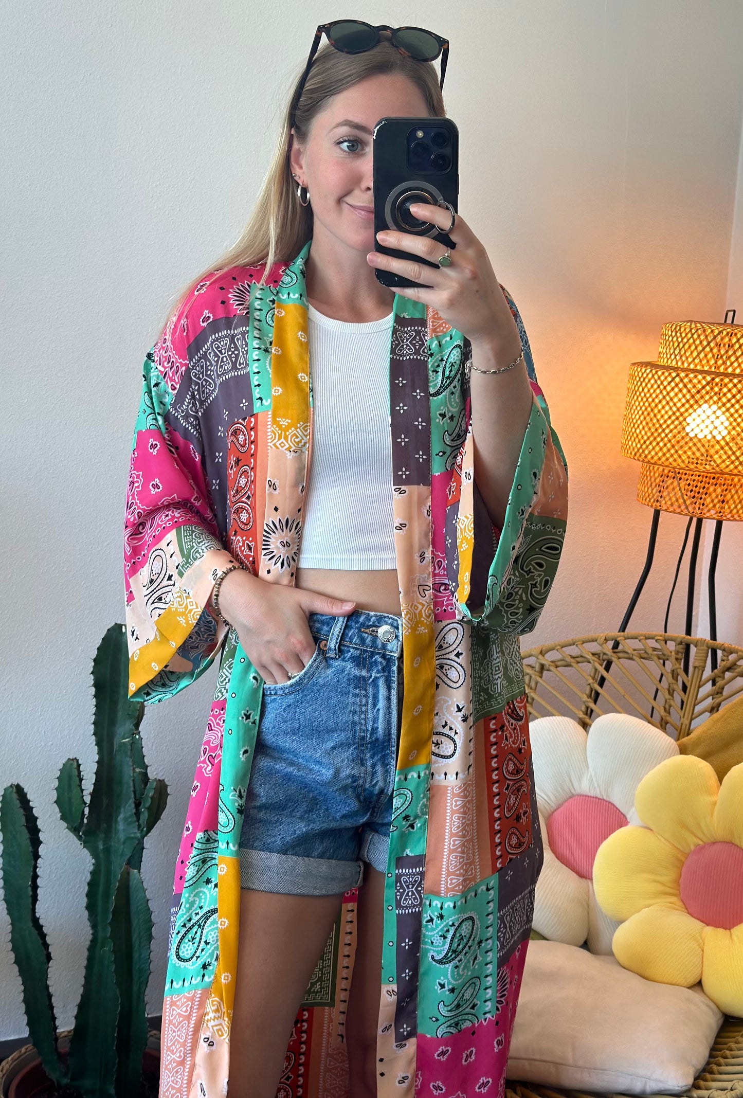 Kimono long à motifs bandana colorés T.U