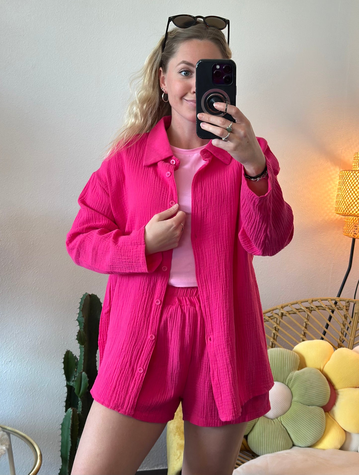 Ensemble deux pièces en gaze de coton rose T.36