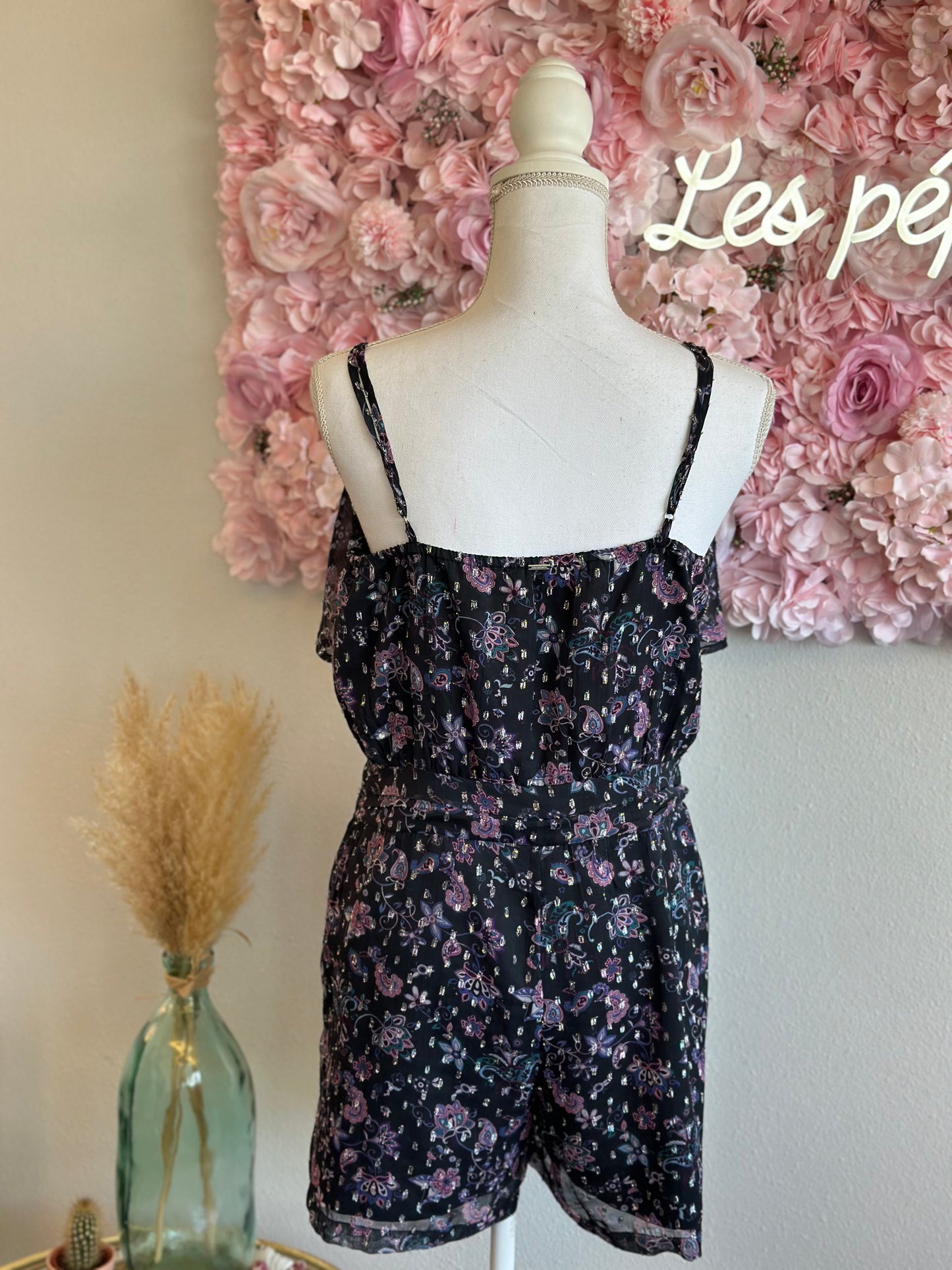 Combishort motifs fleuris lilas et lurex argenté, T.40