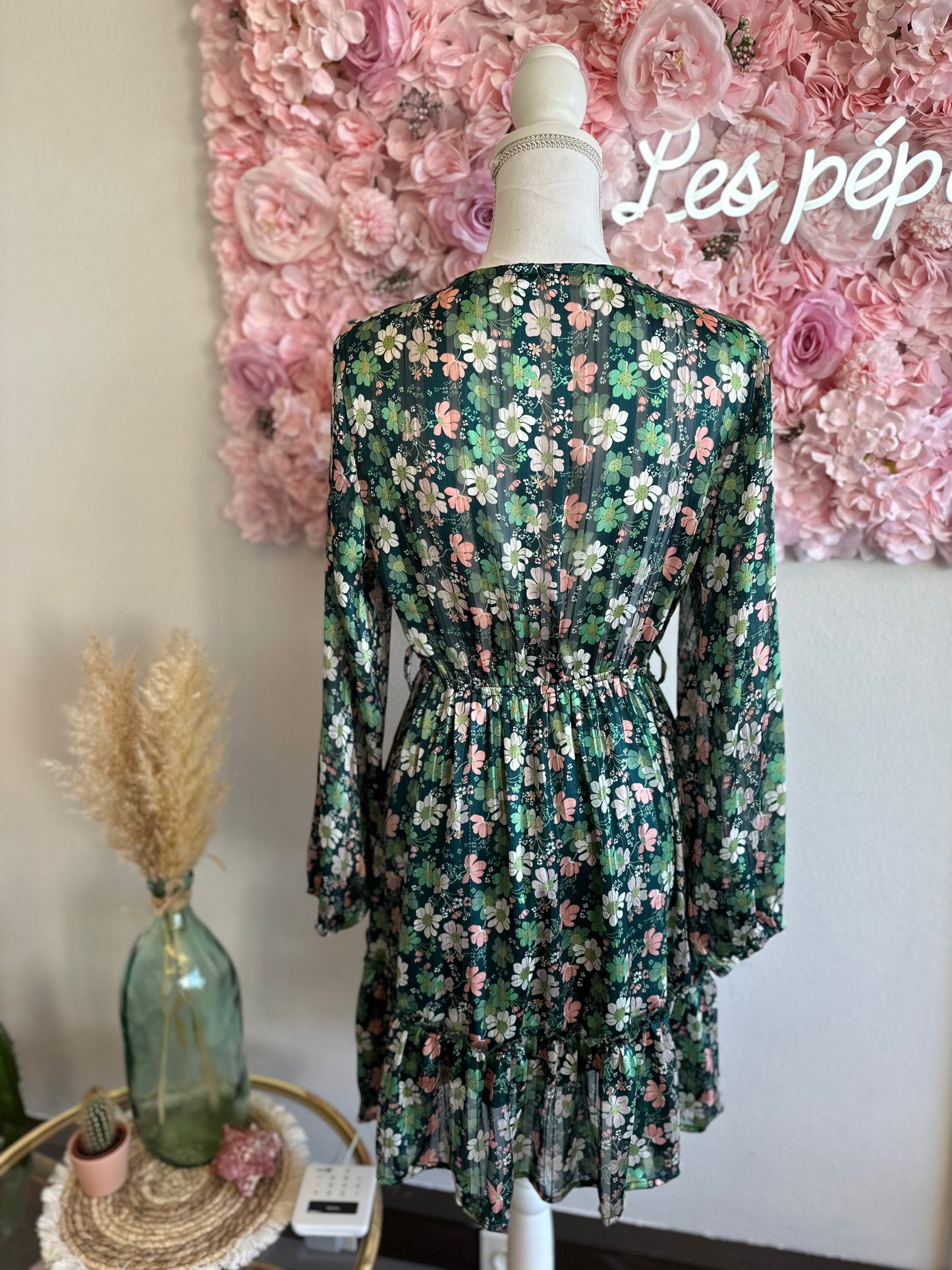 Robe midi verte à imprimé floral, T.36
