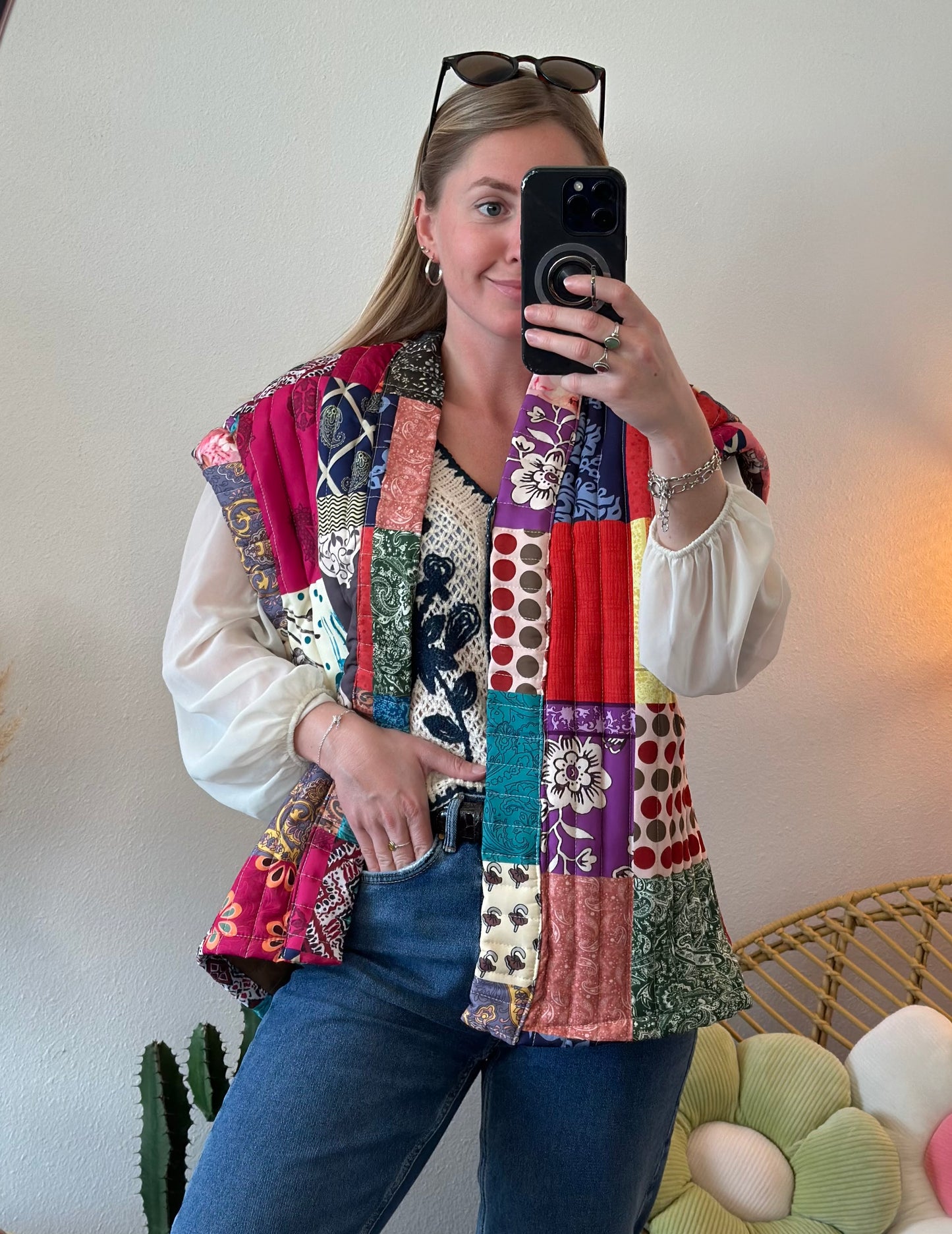 Gilet sans manches matelassé, patchwork coloré, T.U