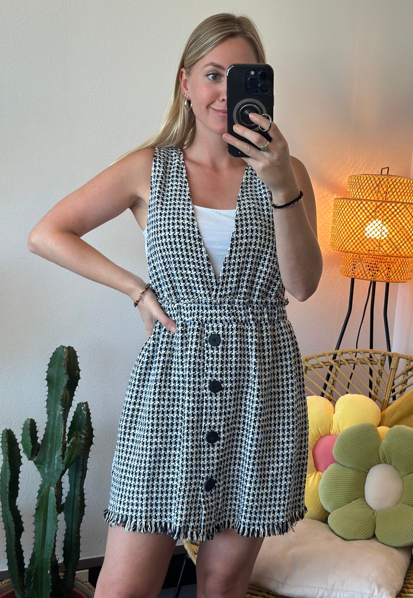 Robe en tweed bleu, noir et blanc neuve, T.36