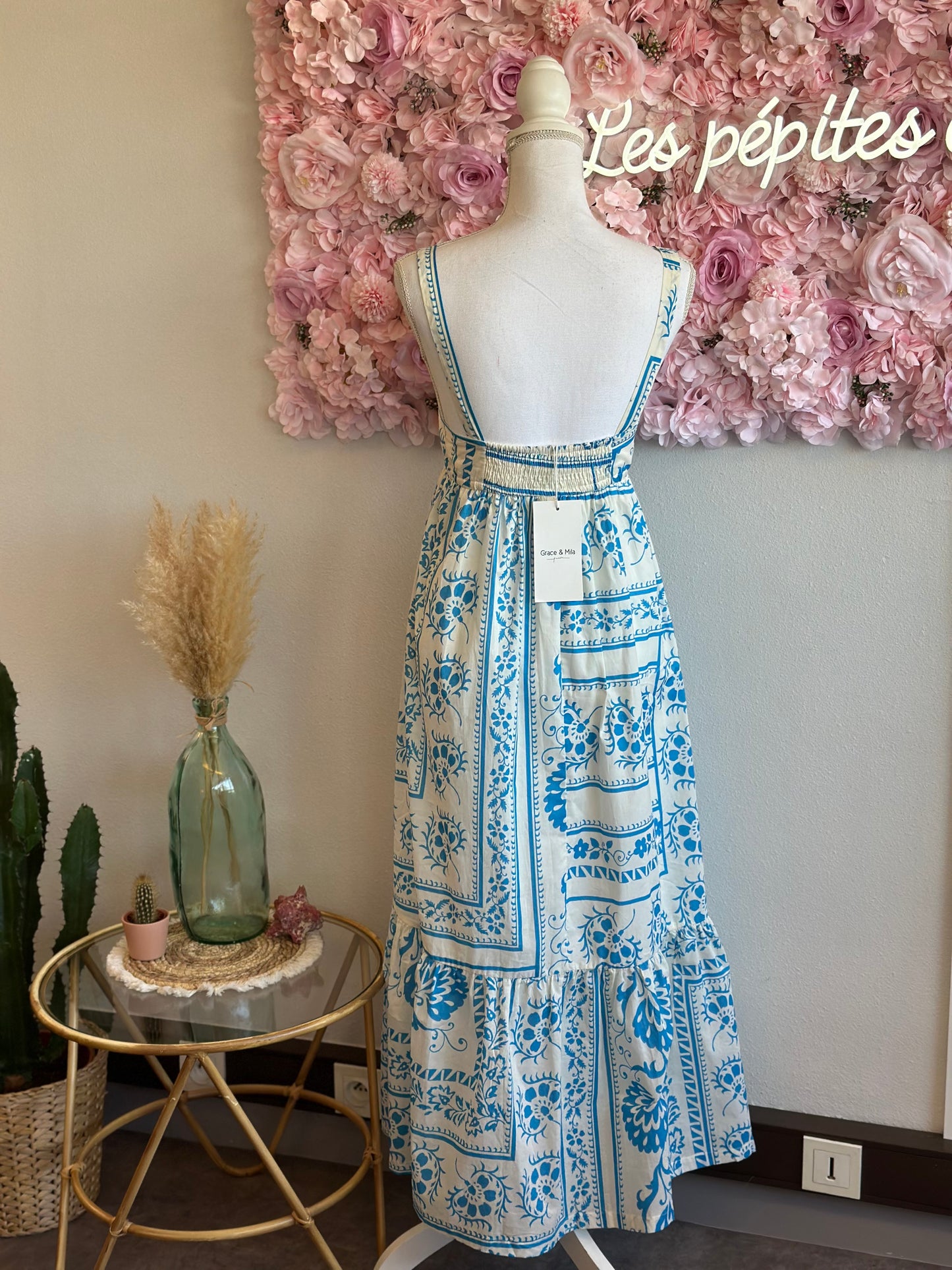 Robe d’été longue bohème imprimé fleuri bleu modèle Kareen T.36 neuve