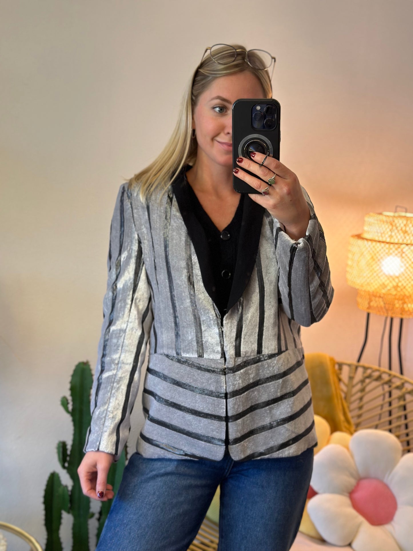 Veste de blazer en velours, rayures noires et grises argentées, T.38