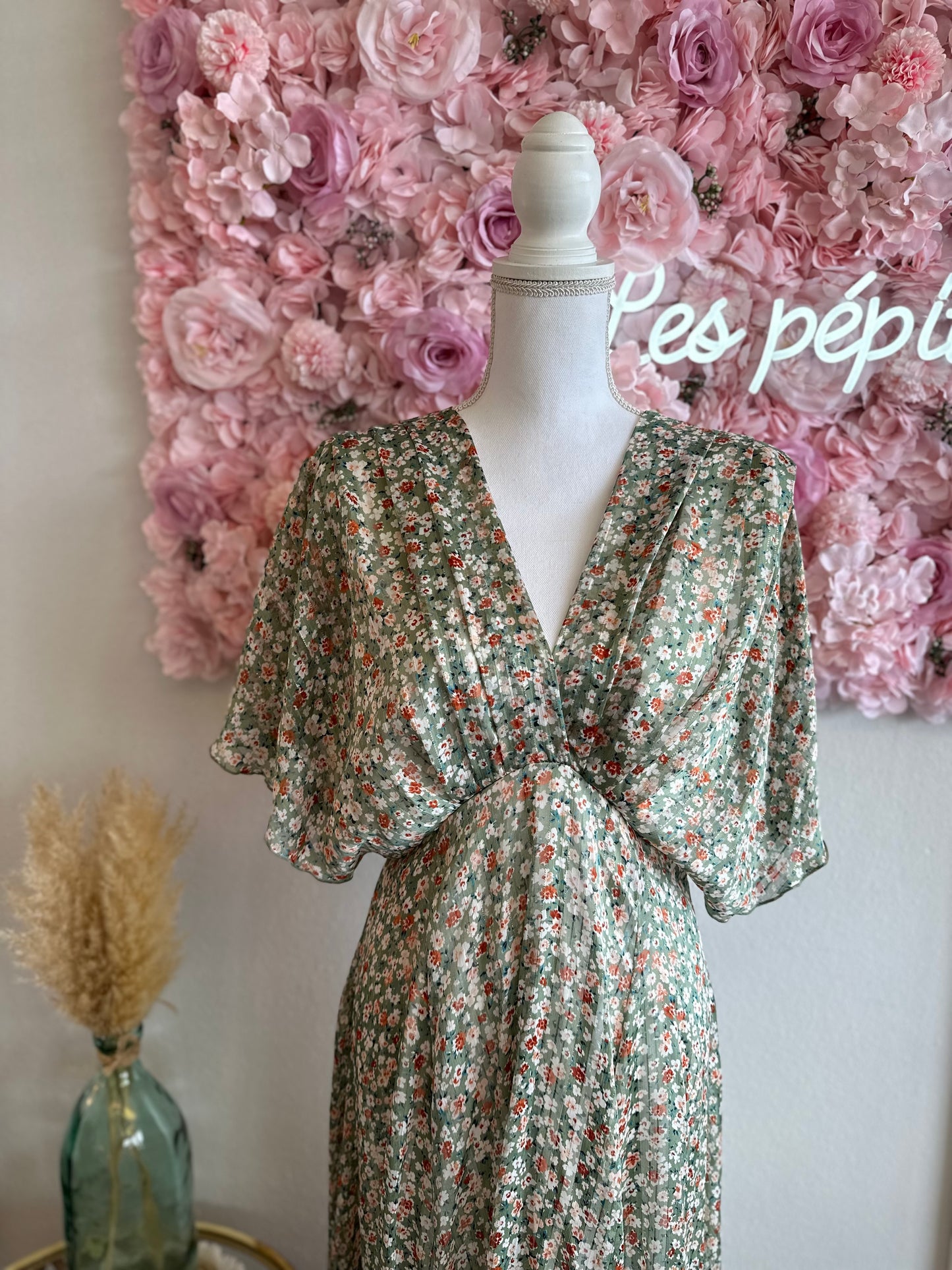 Robe longue imprimée fleurs vert clair et lurex argenté T.36/38