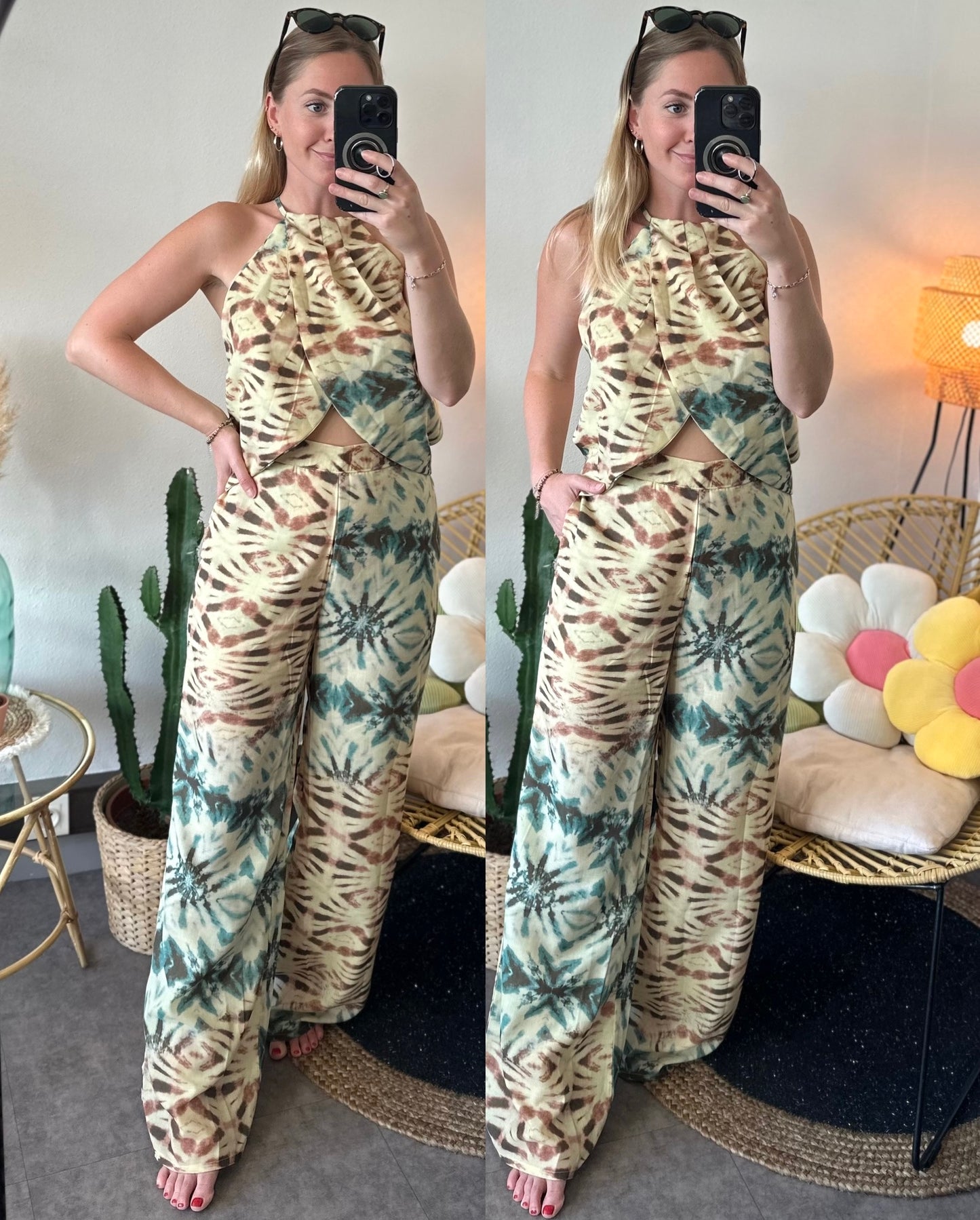 Ensemble d’été pantalon + top à motifs tie and dye, neuf T.36