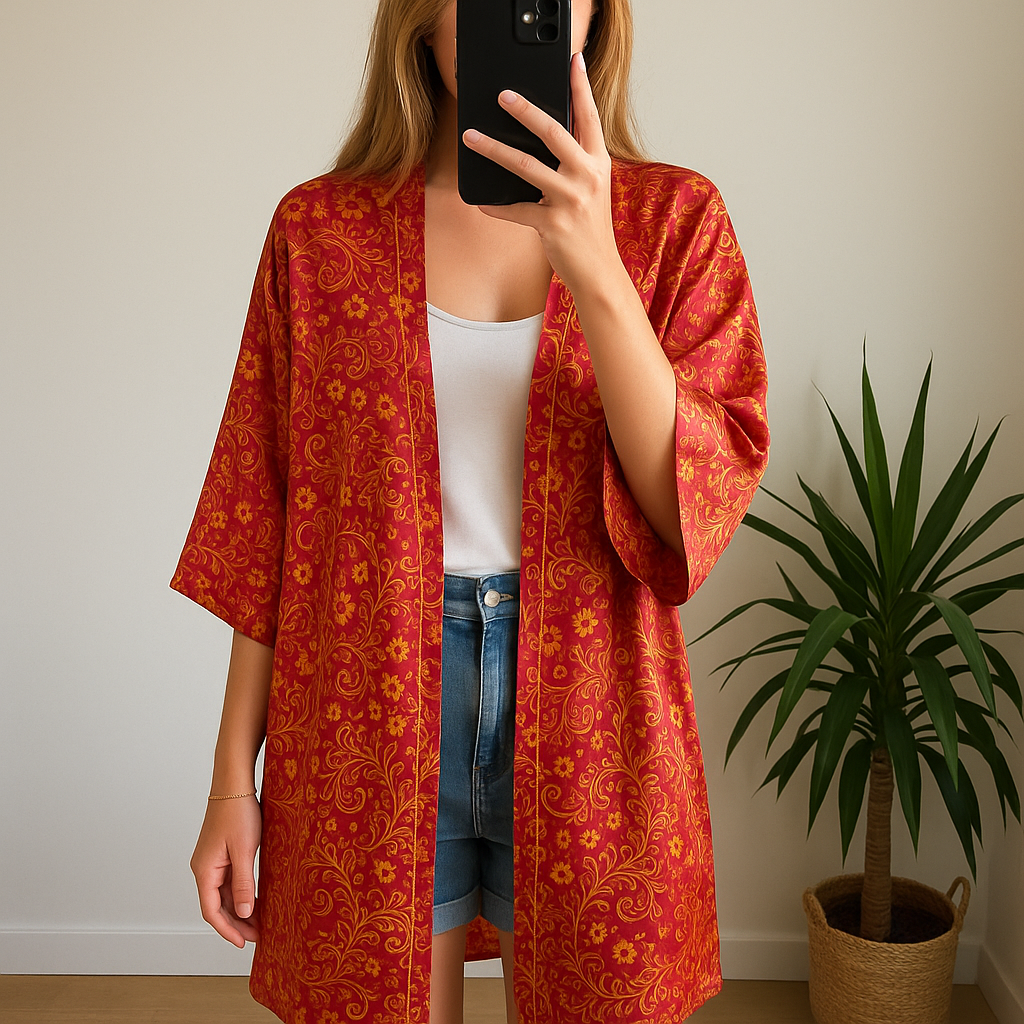 Kimono long fleuri orange rouge - Goa Paris neuf T.36/38
