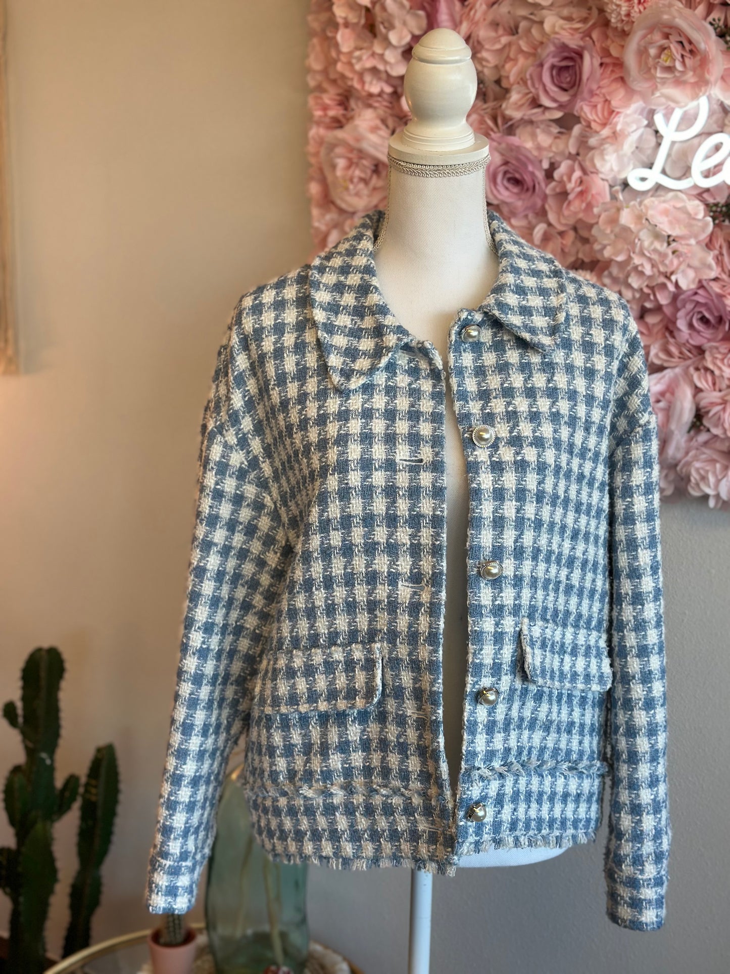 Veste en tweed pied-de-poule bleu et blanc, T.36