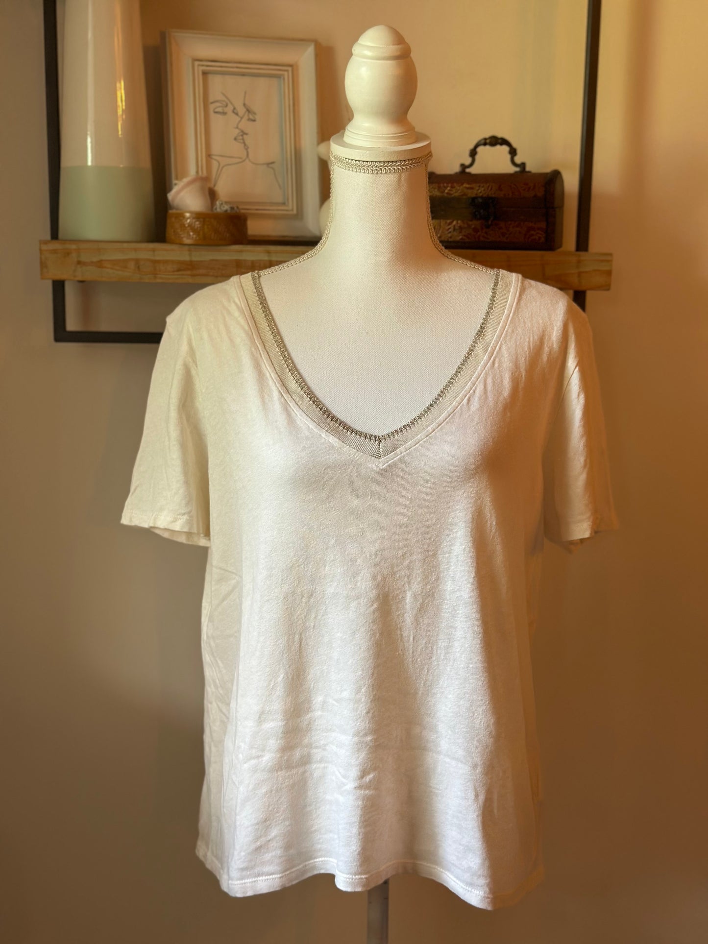T-shirt en lin blanc, Liseré argenté T.40