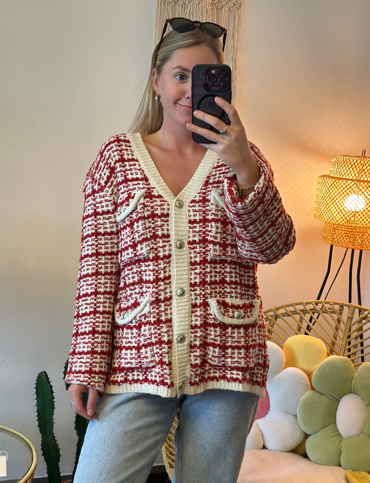 Cardigan rouge et blanc en maille effet tweed T.36