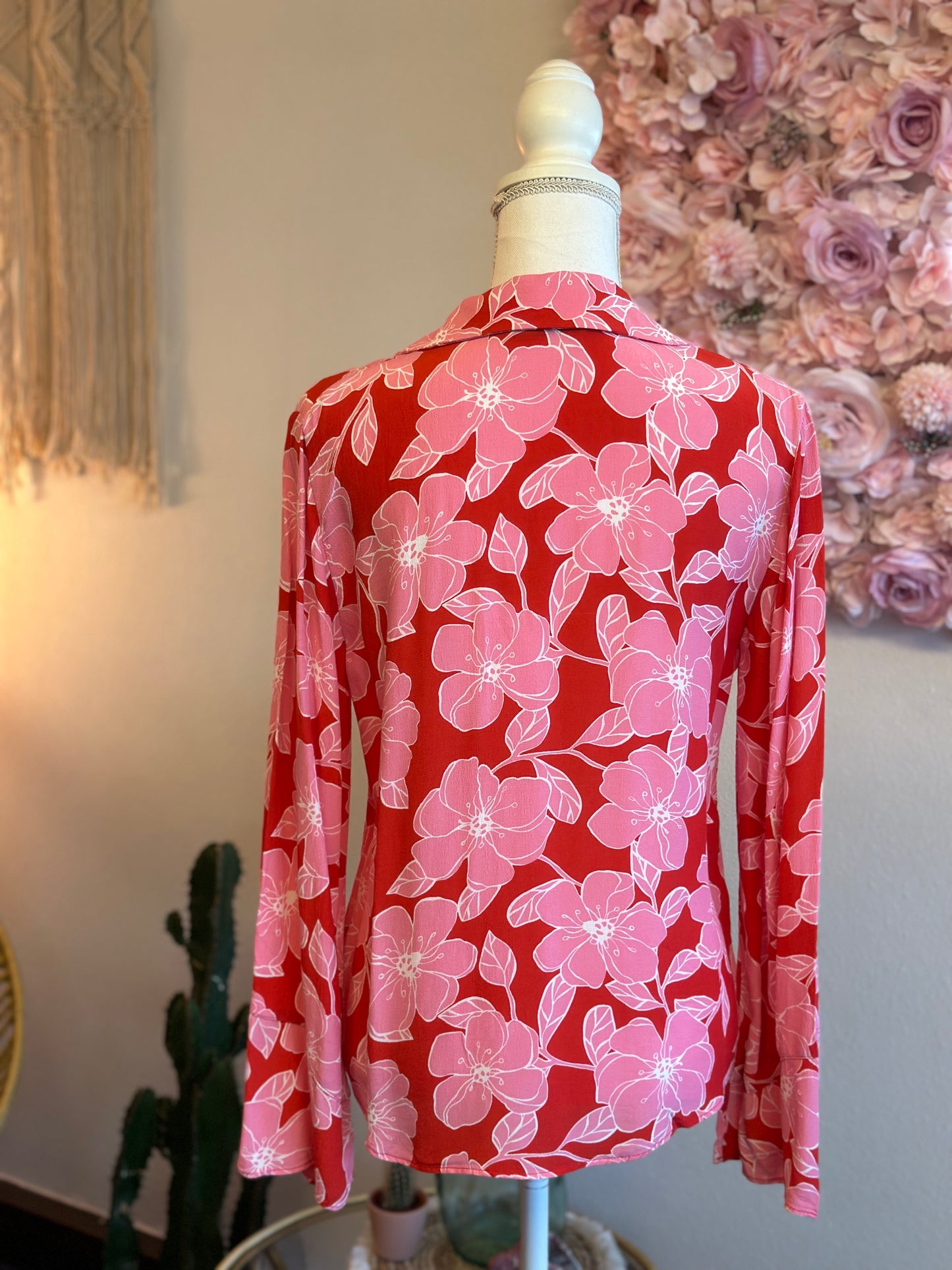 Chemise fluide à imprimé fleuri rose et rouge, coupe oversize, T.34