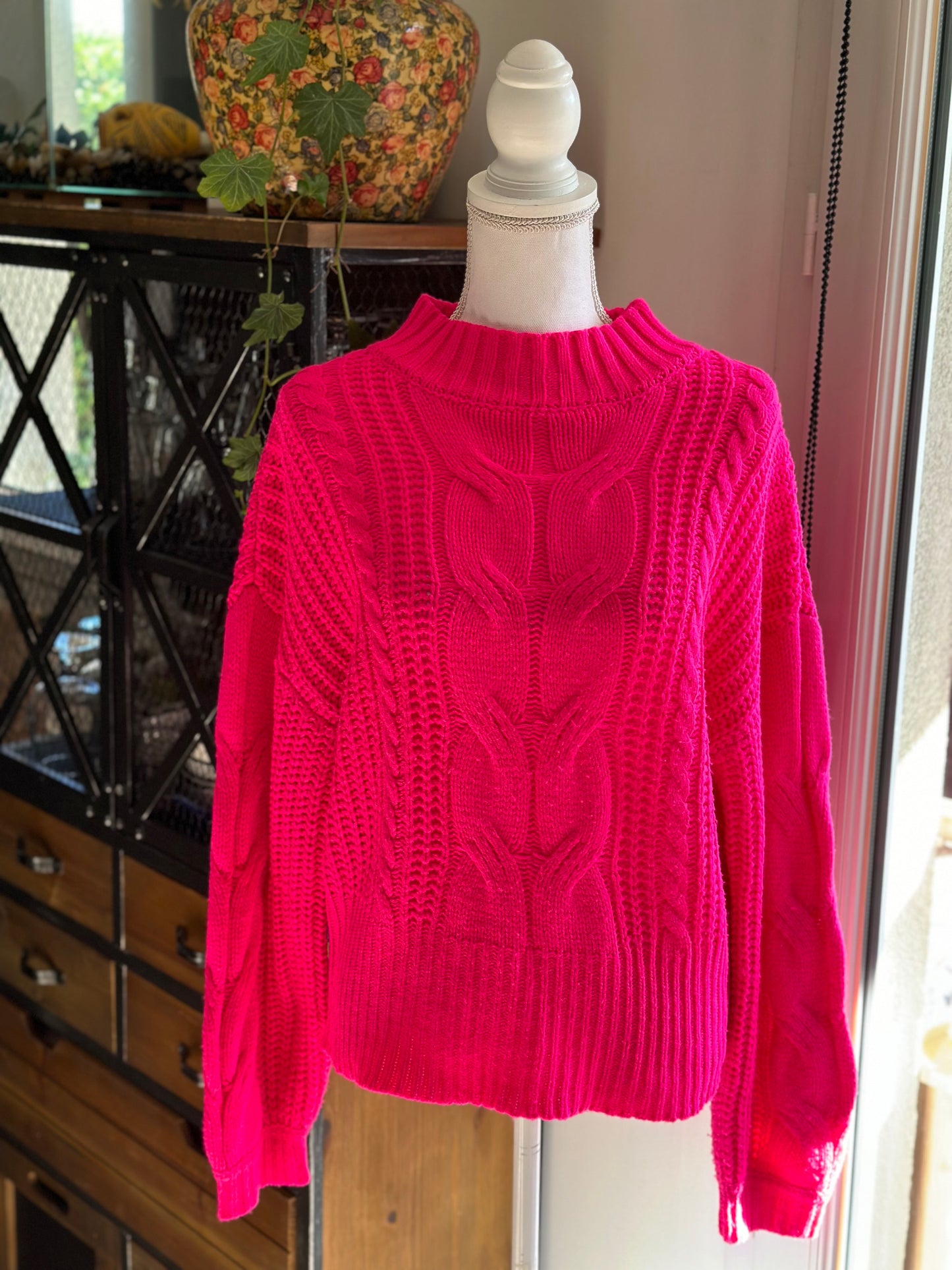 Pull d’hiver en maille torsadée rose, T.U