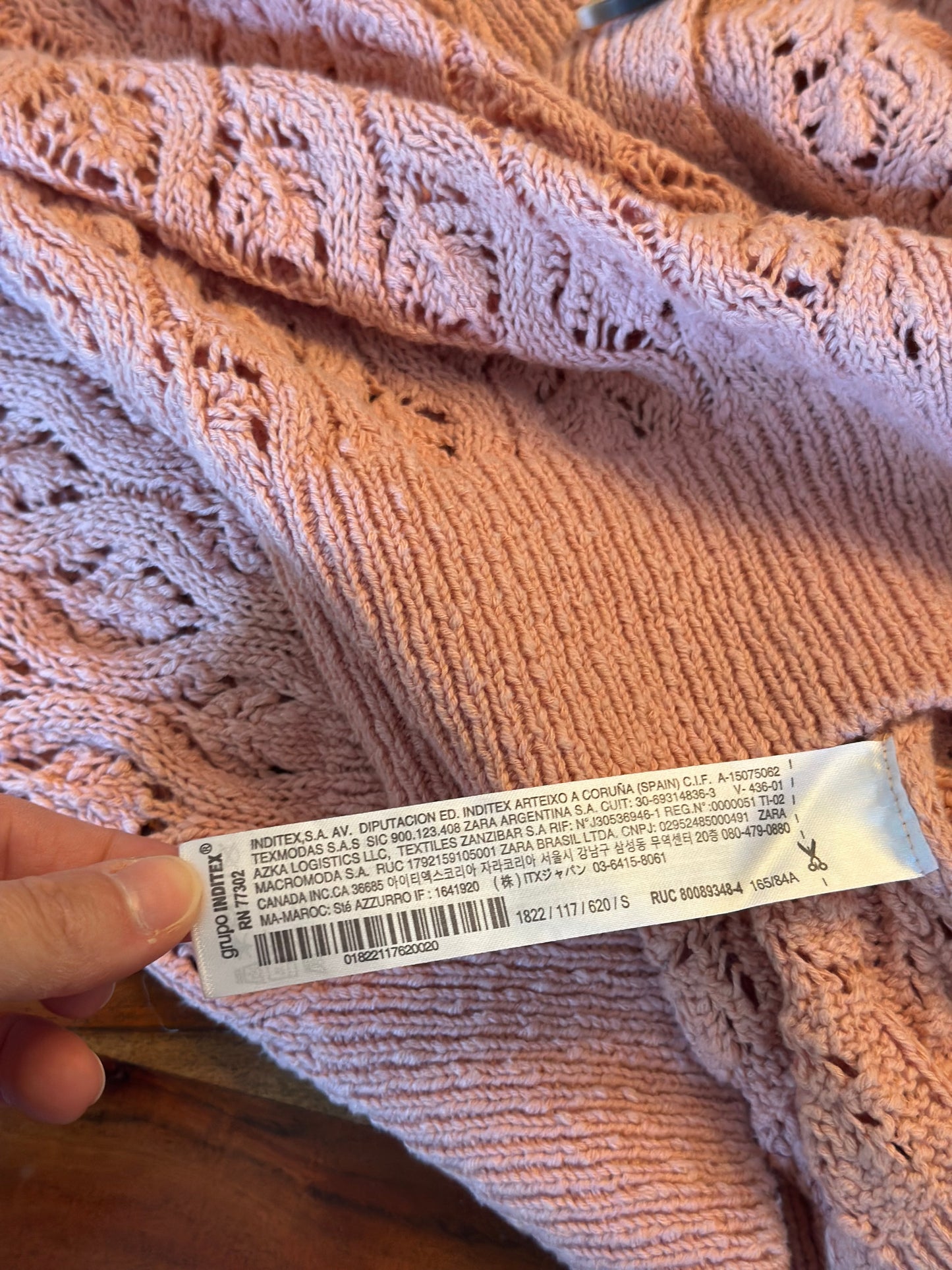 Gilet ajouré rose poudré en coton T.36 (coupe oversize)