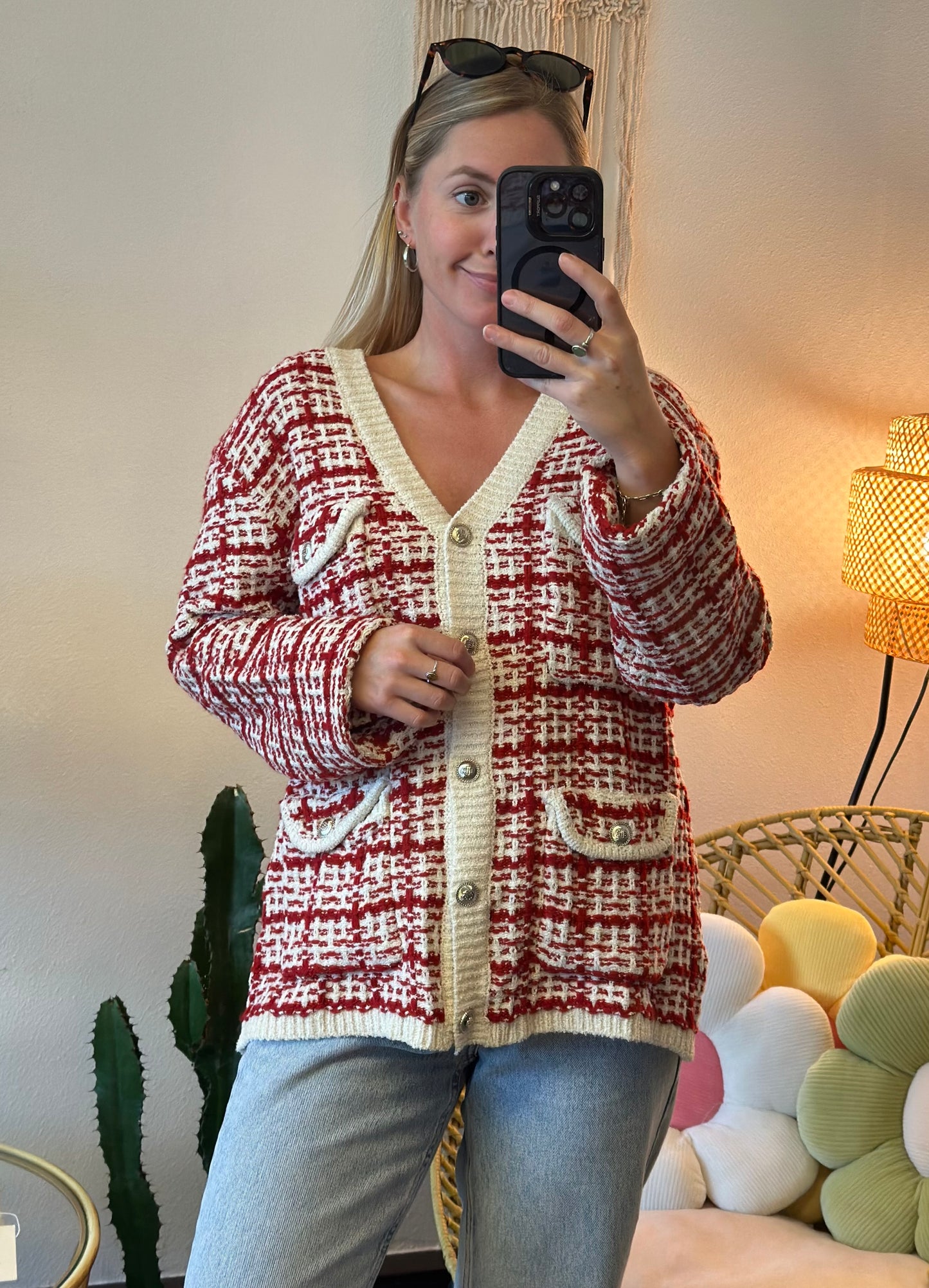 Cardigan rouge et blanc en maille effet tweed T.36