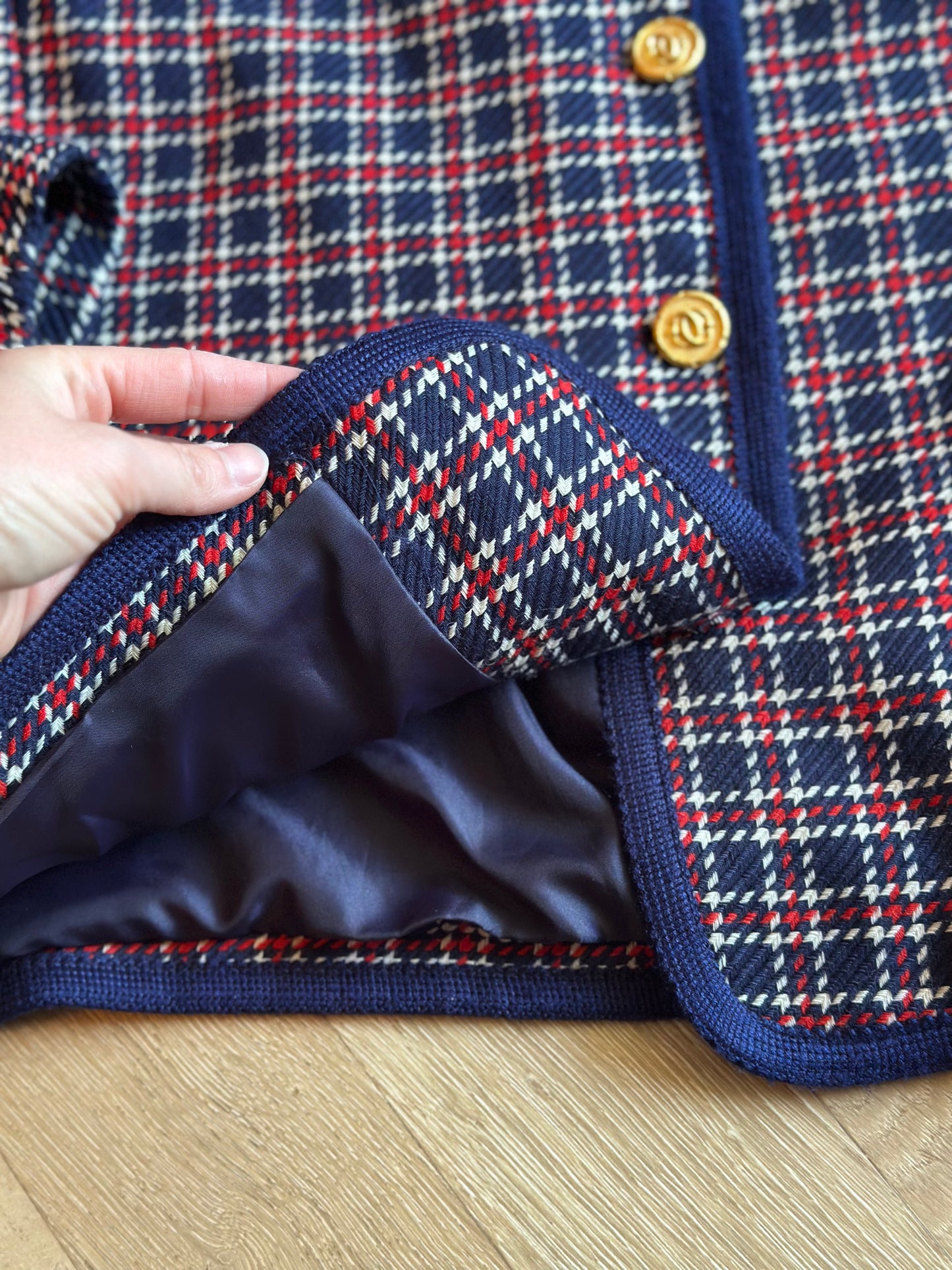 Veste vintage laine à carreaux bleu marine rouge et blanc T.42