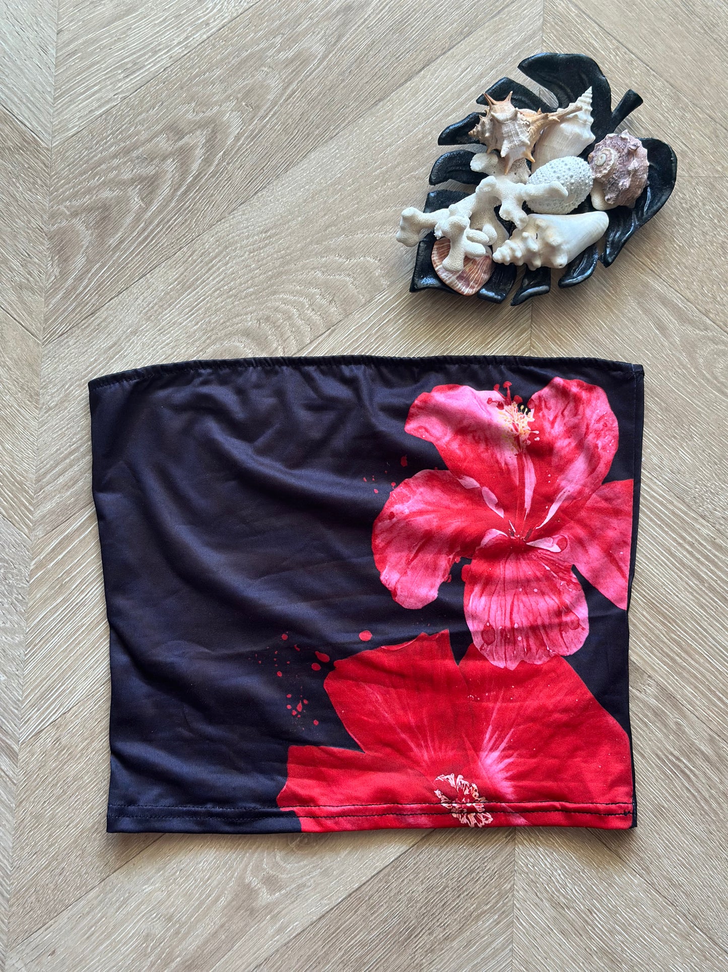Top bustier imprimé floral noir rouge et rose – Taille S neuf