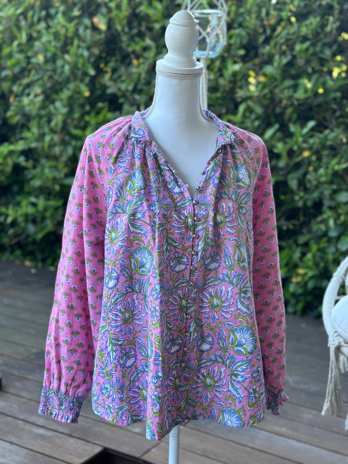 Blouse bohème modèle Raquel rose à motifs T.U (36 au 42)