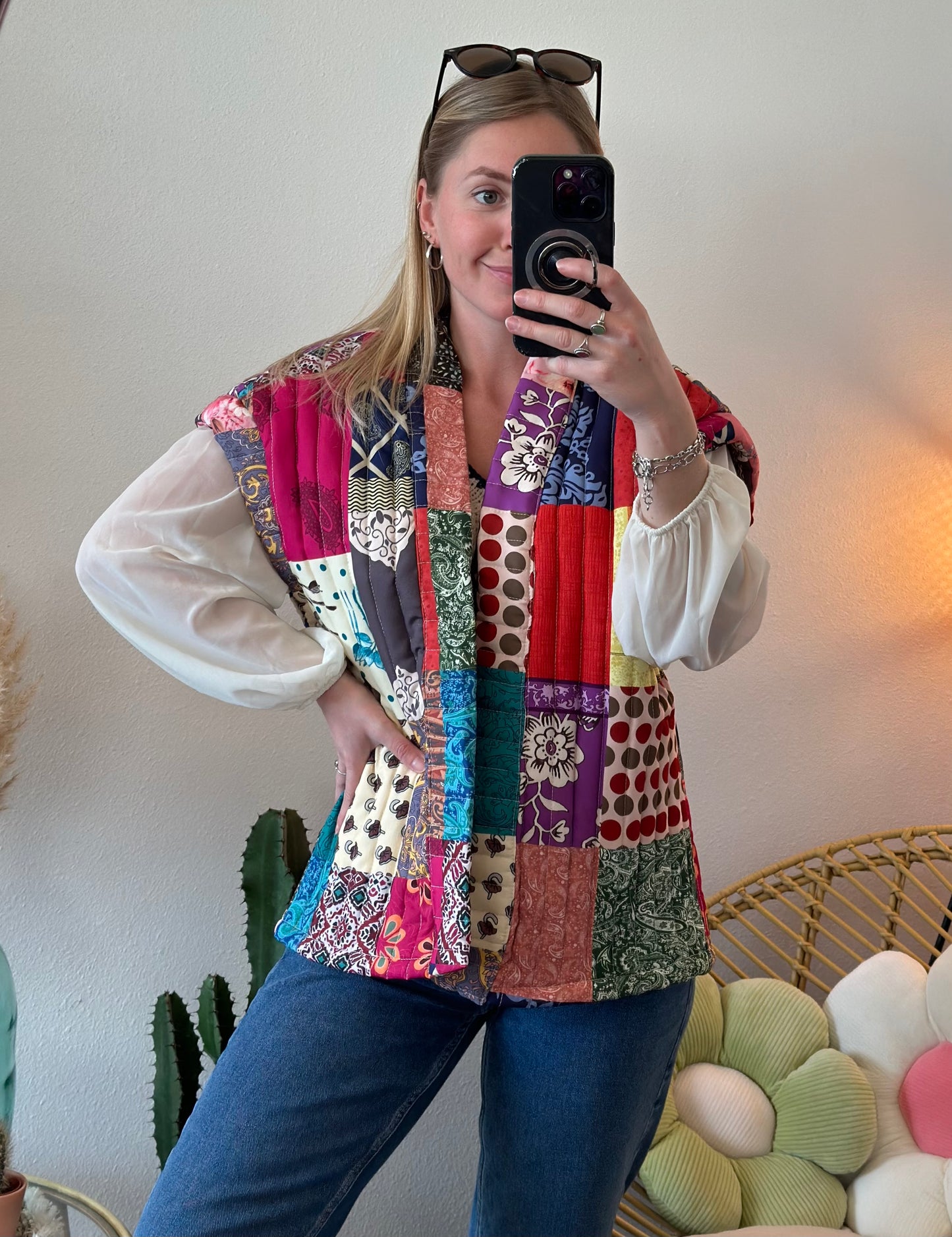 Gilet sans manches matelassé, patchwork coloré, T.U