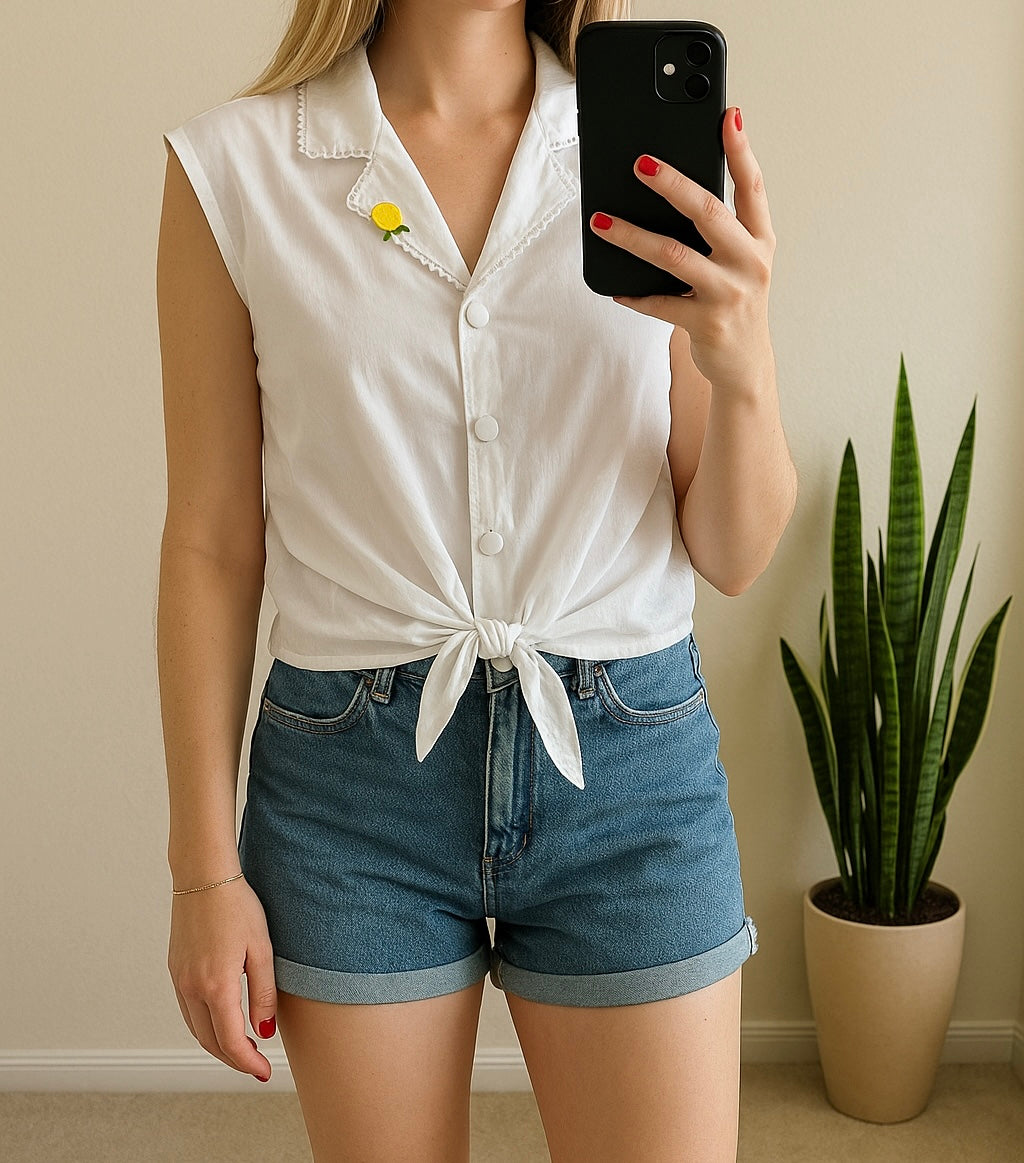 Chemise blanche brodée col citron T.38