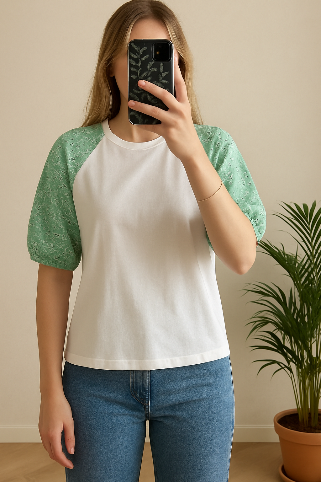 T-shirt manches bouffantes broderie vert T.36/38