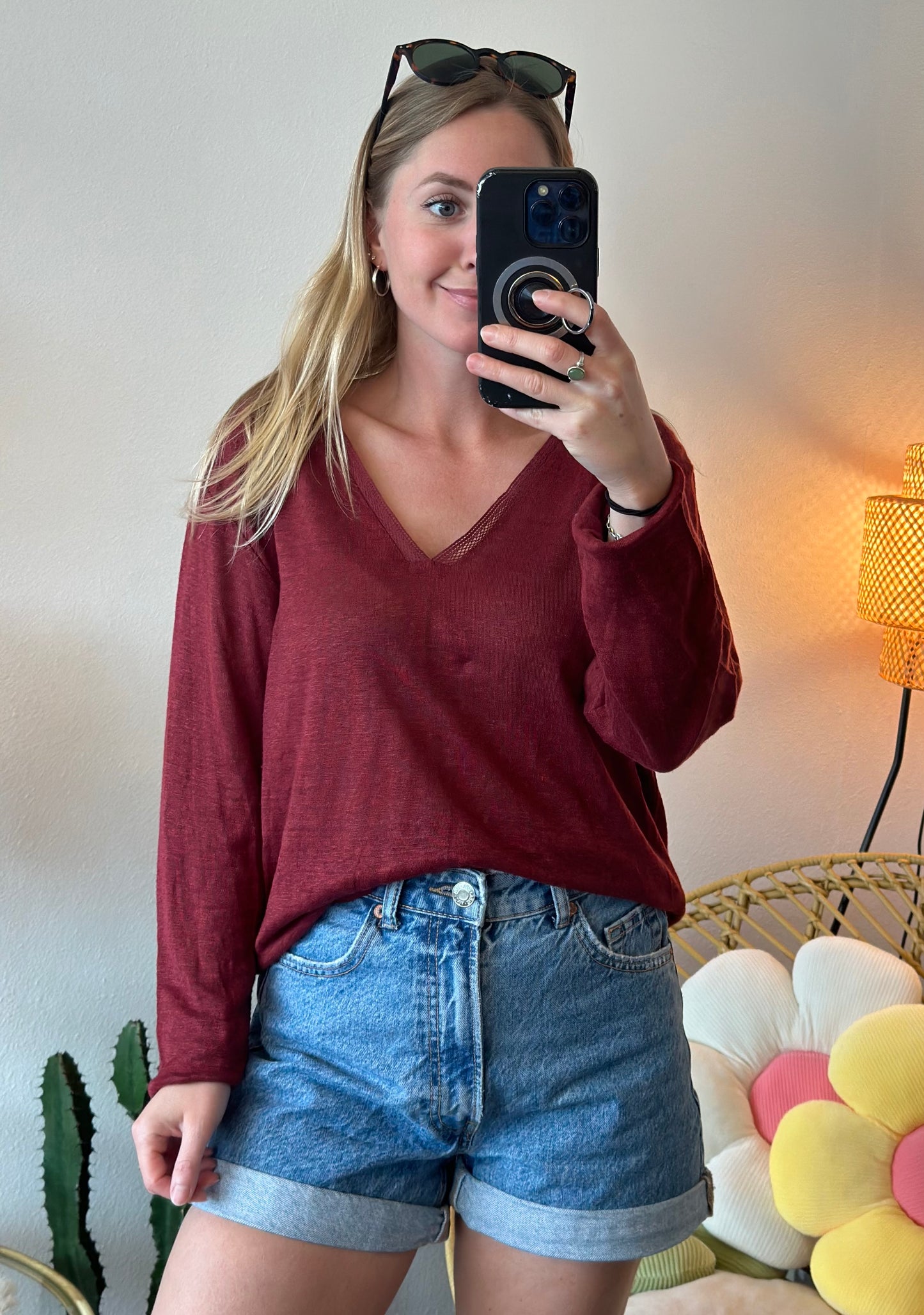 Pull en lin maille fine bordeaux, T.36/38, oversize, neuf avec étiquette