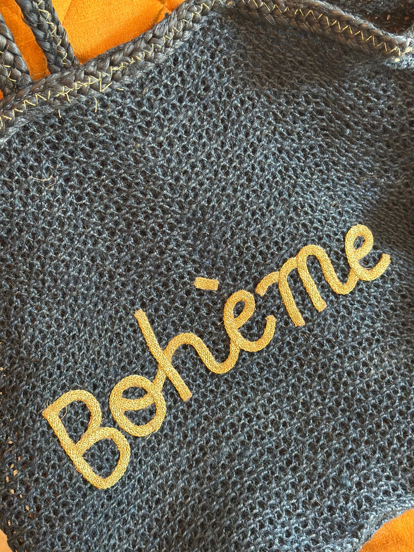Sac cabas en jute bleu marine “Bohème” – anses cuir