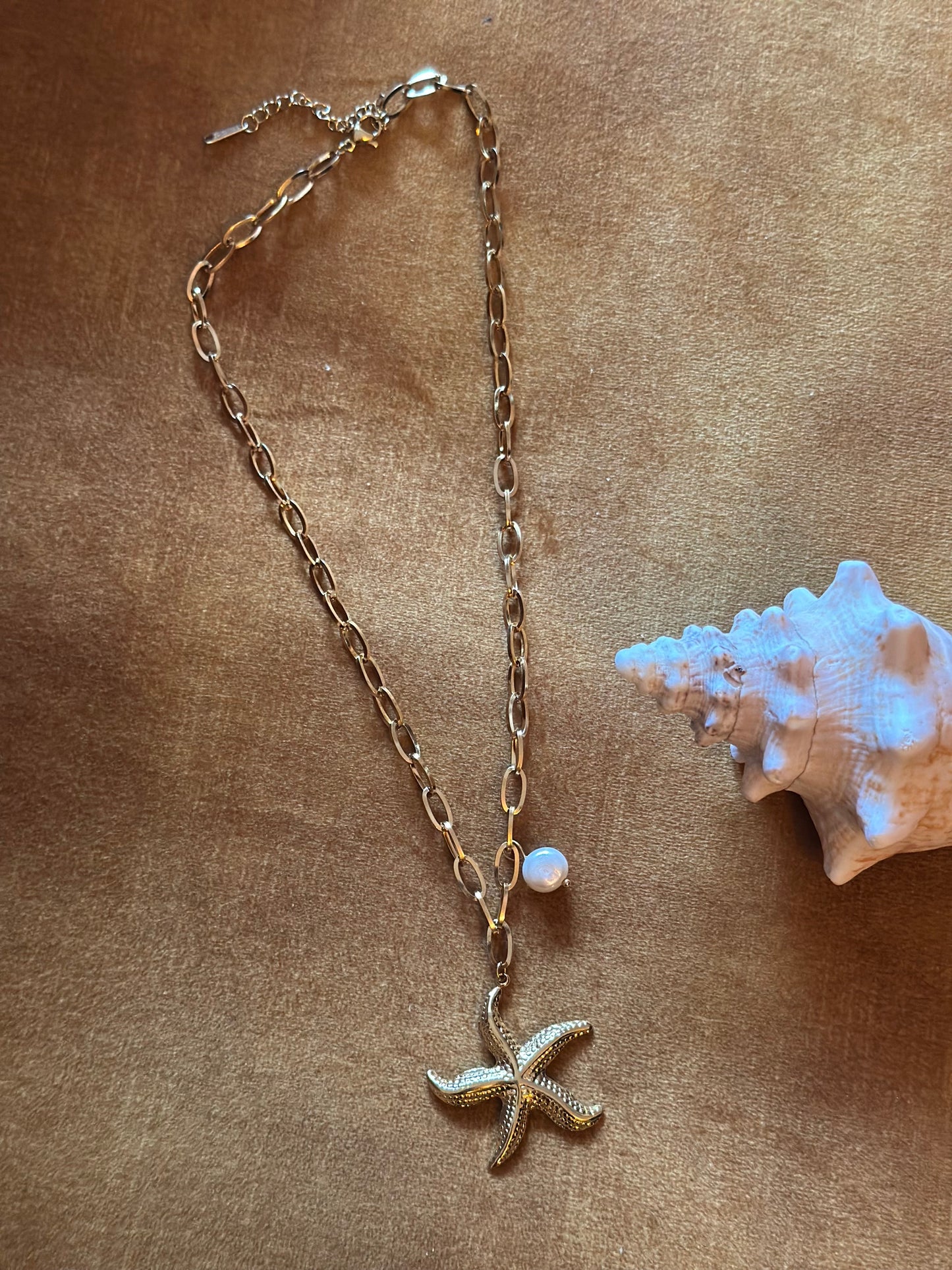 Collier pendentif en acier inoxydable, étoile de mer, perle d’eau douce naturelle