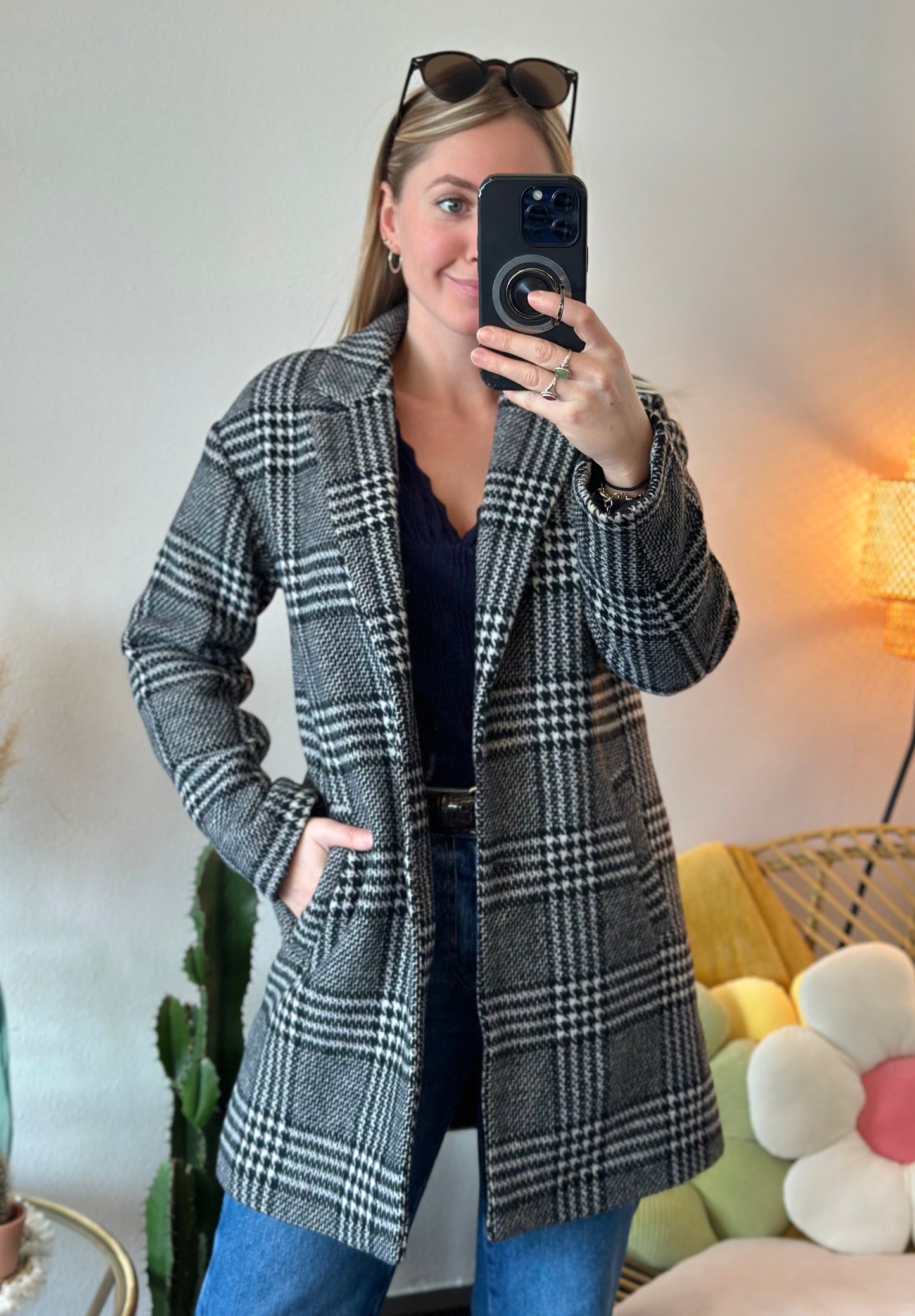 Manteau long à motif pied-de-poule lainé T.34