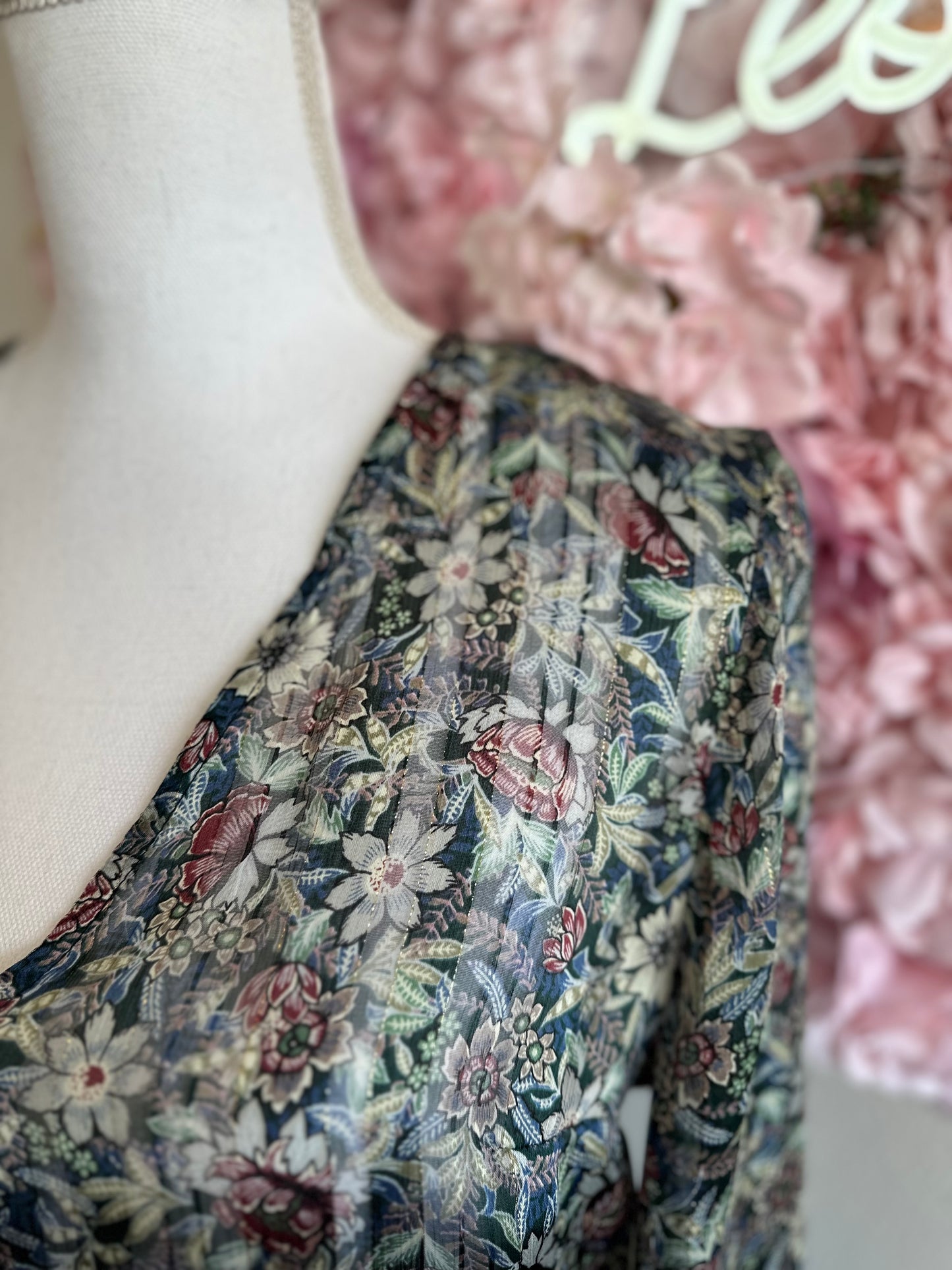 Robe longue en voile imprimé fleuri et lurex, T.38