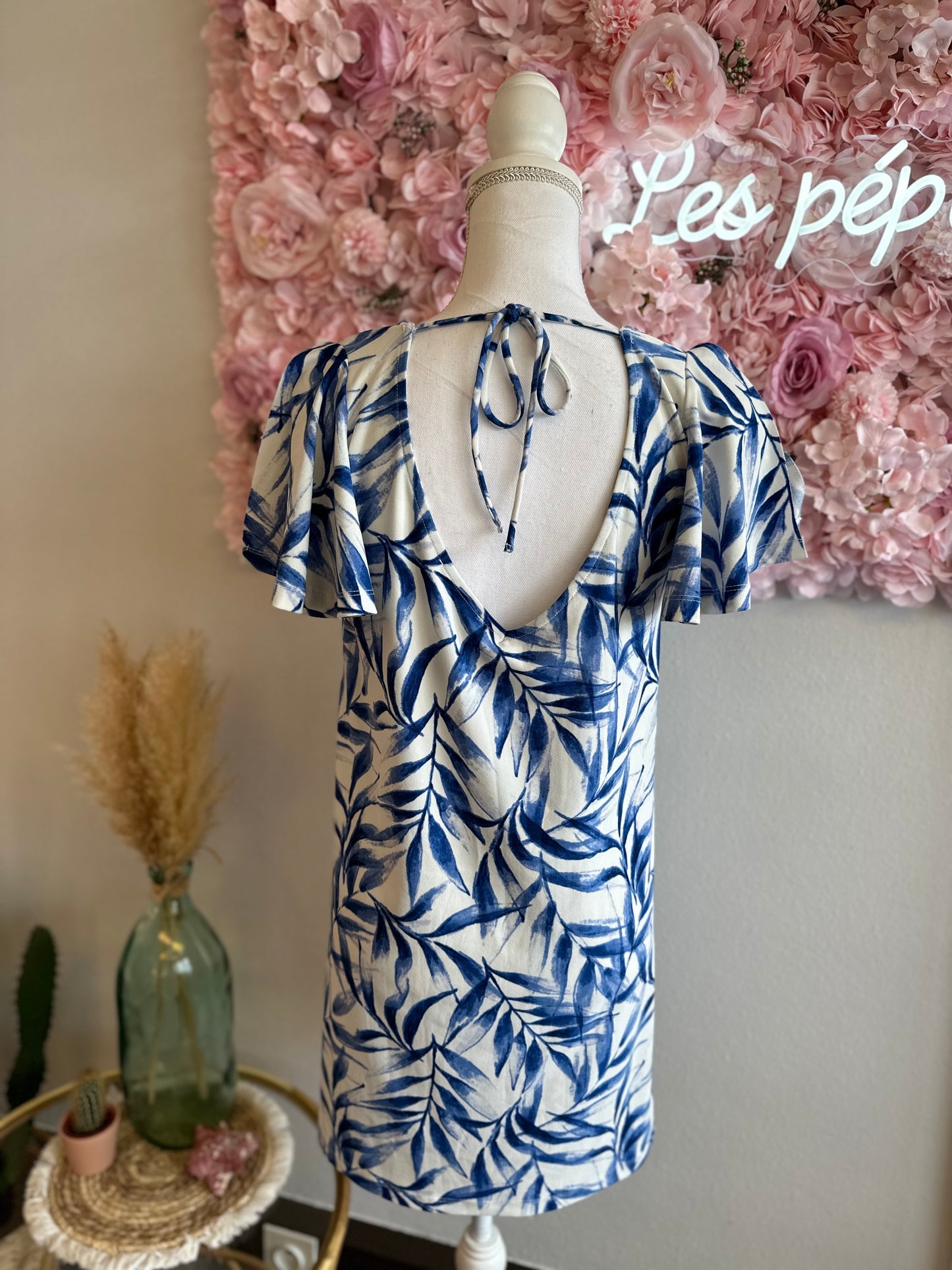 Robe midi blanche et bleue à motifs, T.34