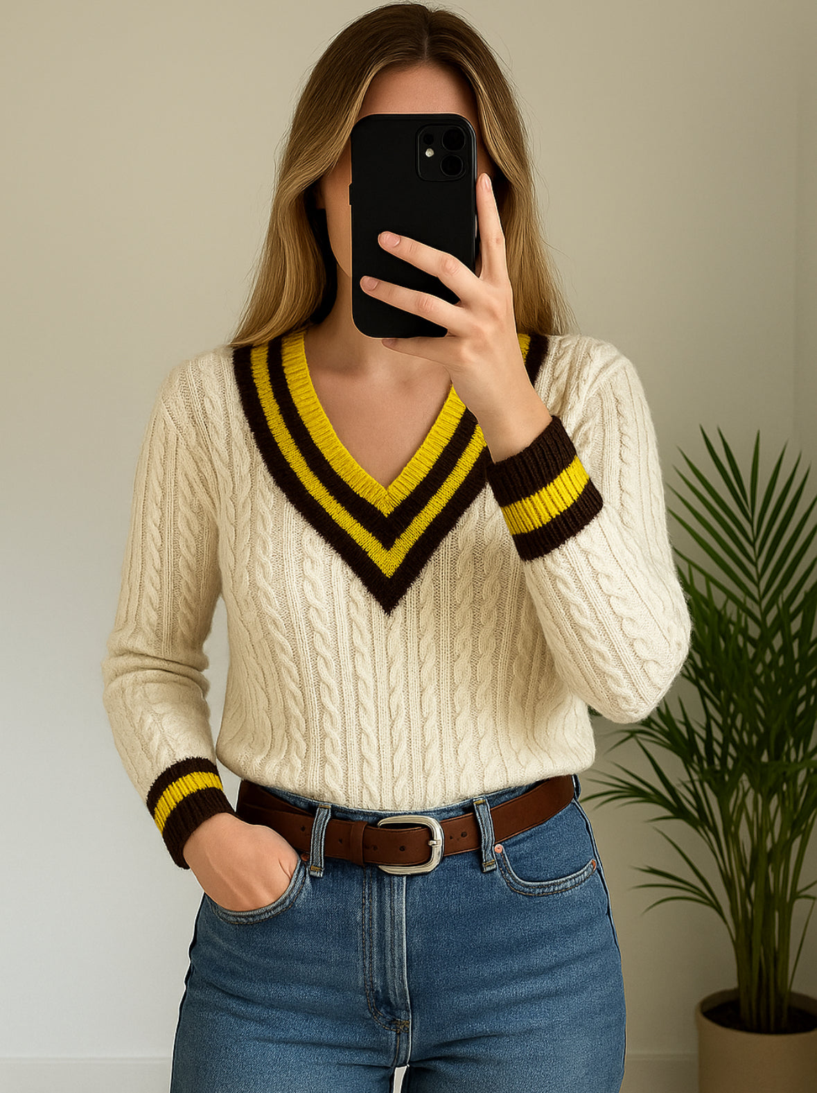 Pull torsadé en maille blanche avec col en V jaune et lurex T.36 oversize