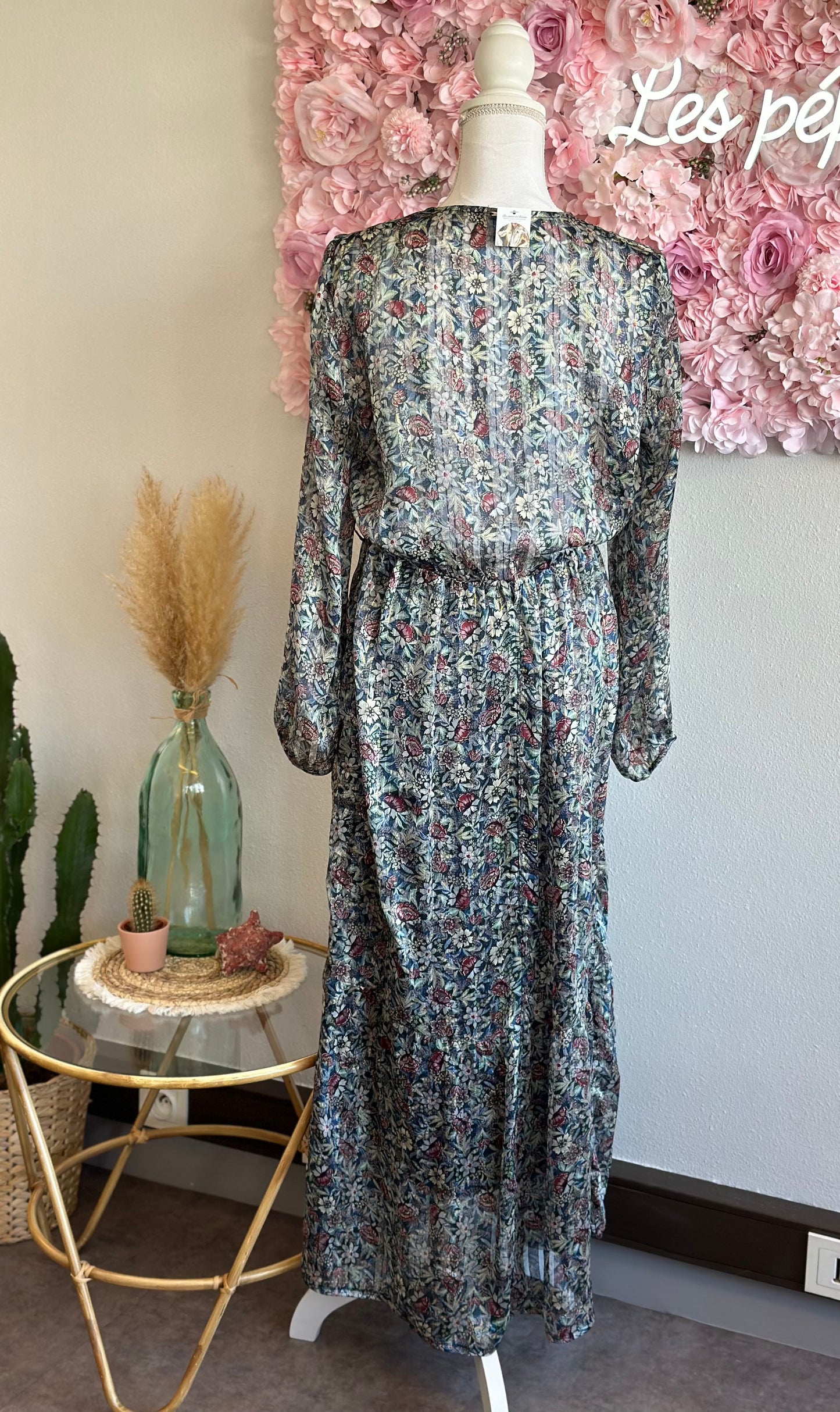 Robe longue en voile imprimé fleuri et lurex, T.38
