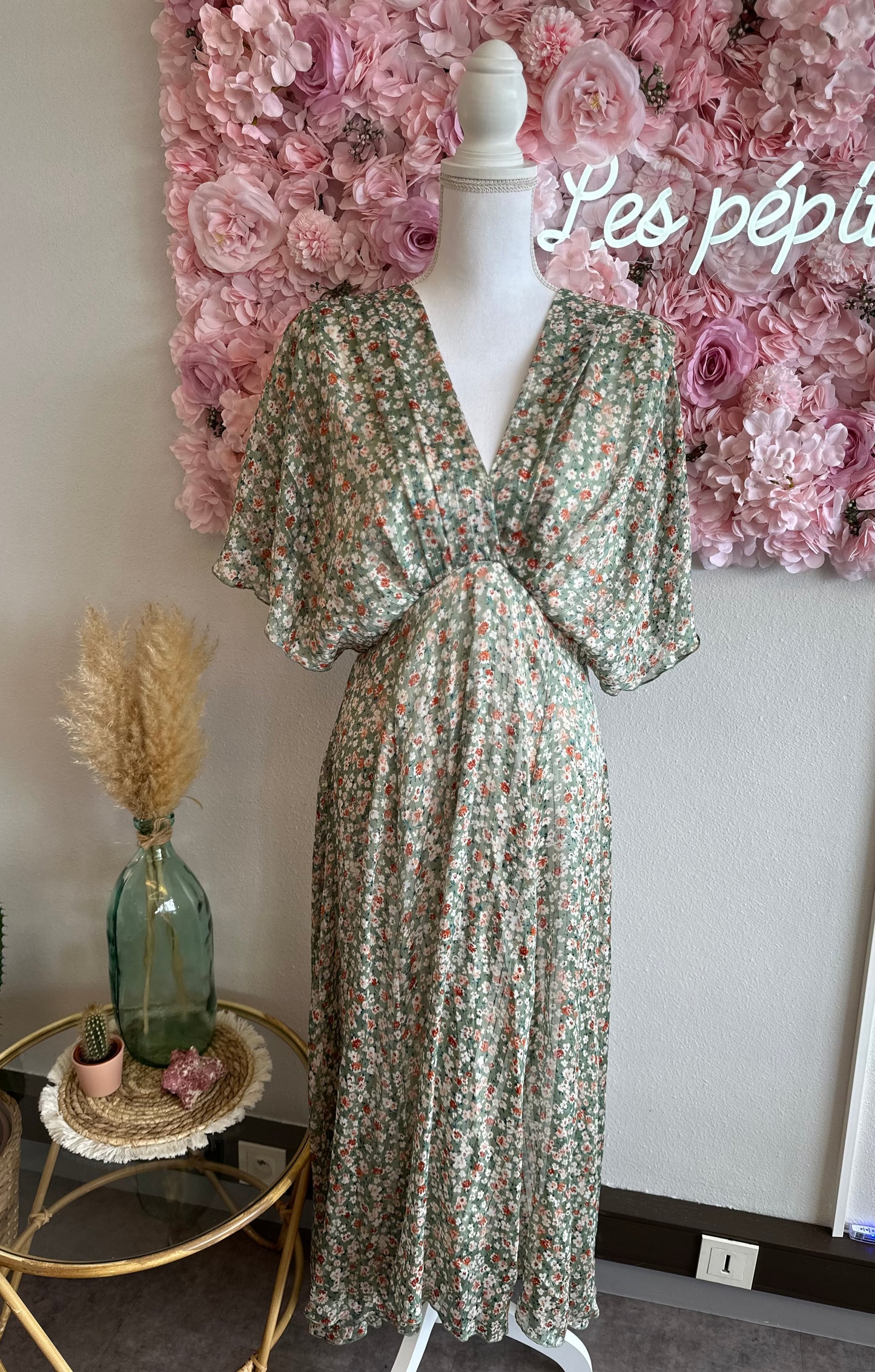 Robe longue imprimée fleurs vert clair et lurex argenté T.36/38