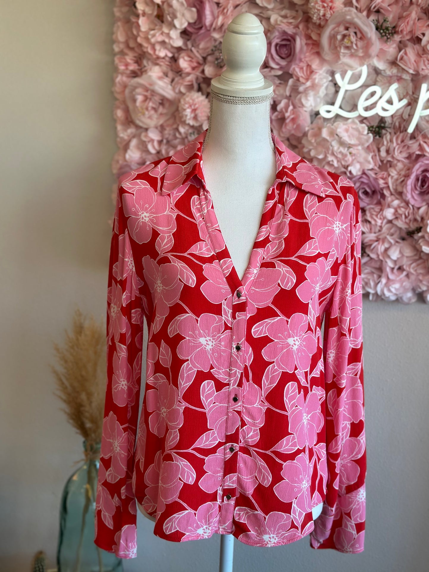 Chemise fluide à imprimé fleuri rose et rouge, coupe oversize, T.34