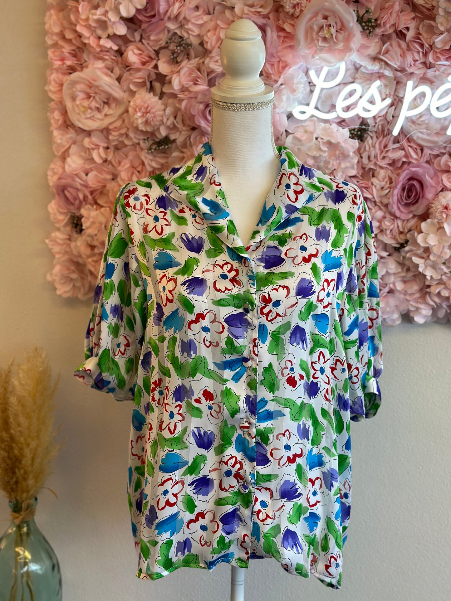 Blouse vintage blanche à imprimé floral coloré T.U