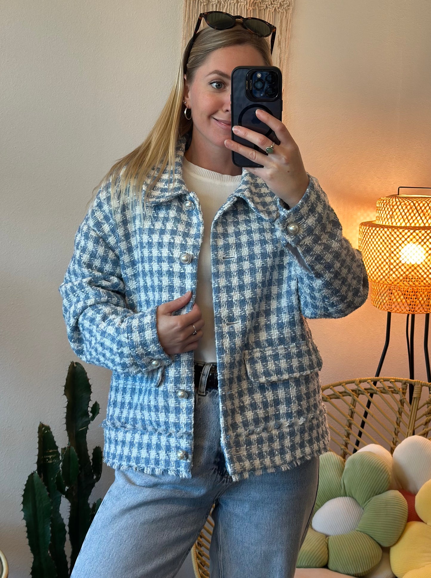 Veste en tweed pied-de-poule bleu et blanc, T.36