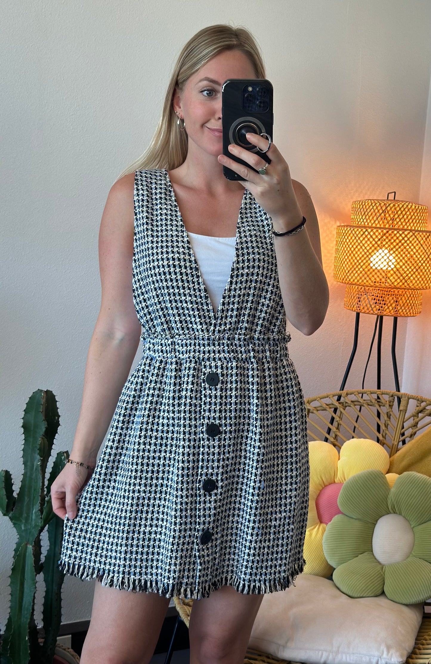 Robe en tweed bleu, noir et blanc neuve, T.36