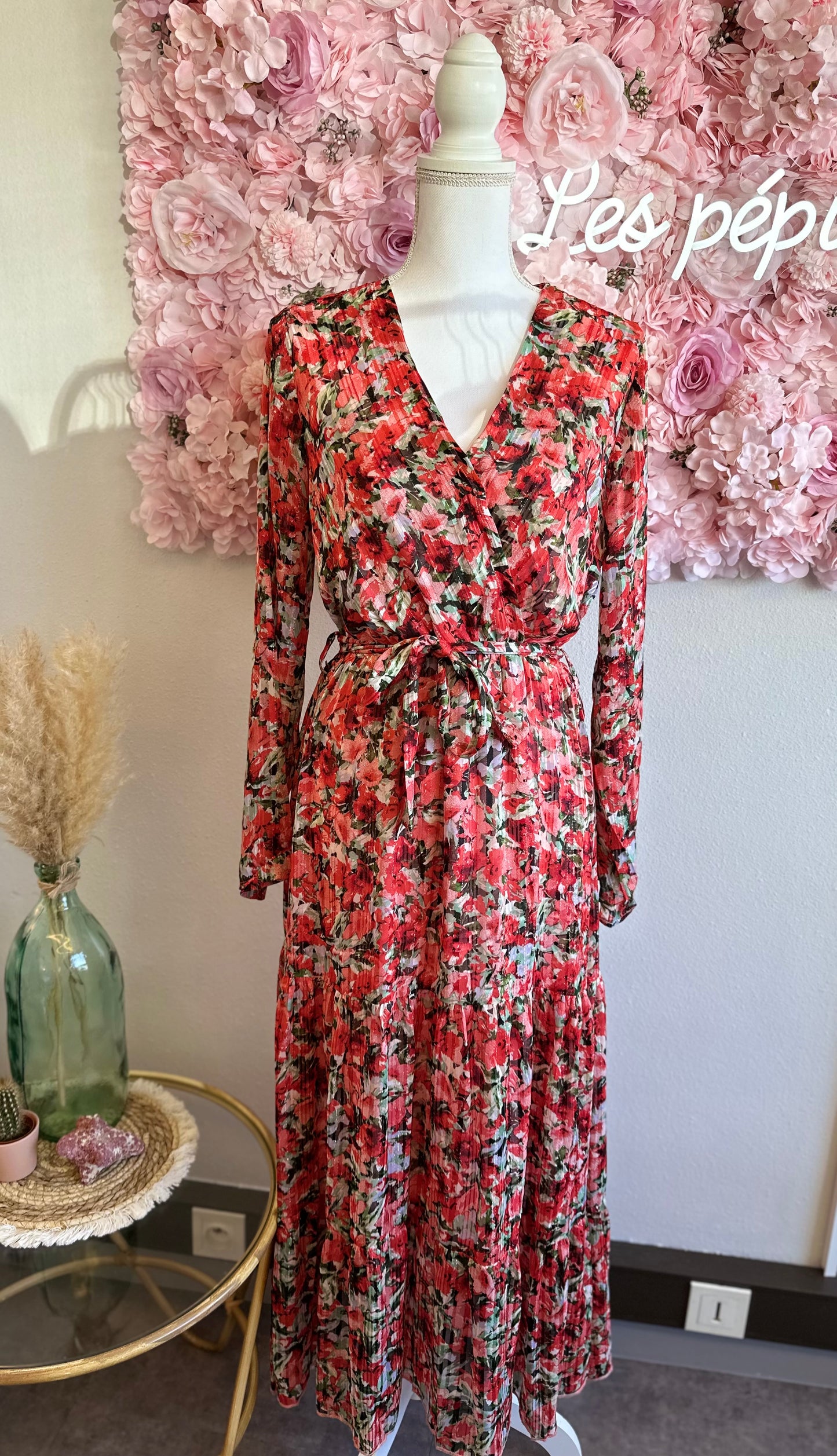 Robe longue motifs fleuris rouge corail T.38