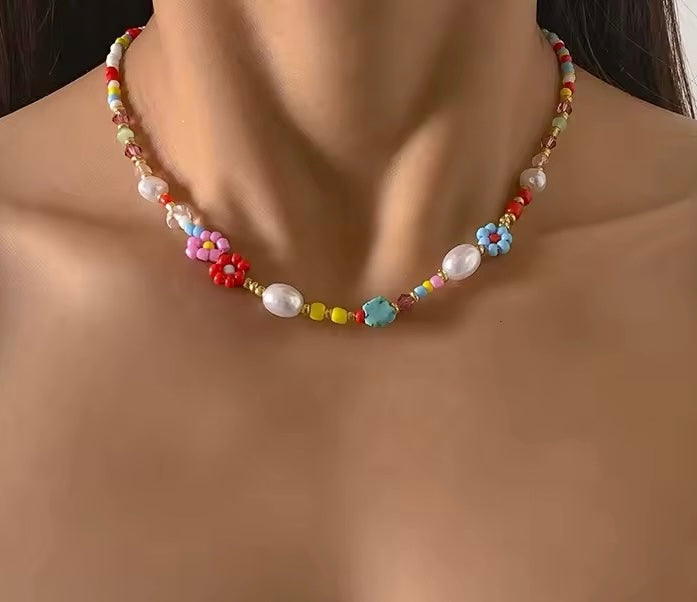 Collier en acier inoxydable avec perles colorées, neuf