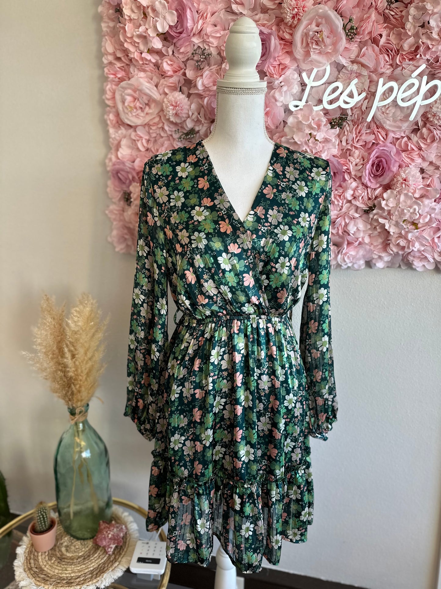 Robe midi verte à imprimé floral, T.36